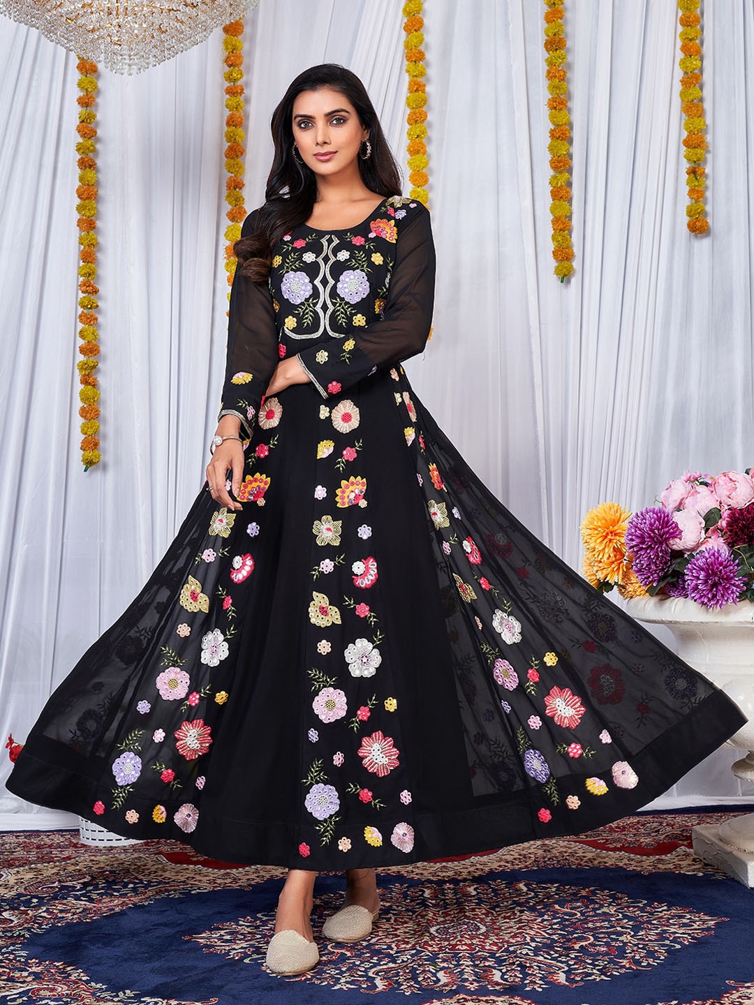 

Virah Fashion Floral Embroidered Round Neck Gown Mirror Work Georgette Ethnic Dress, Black