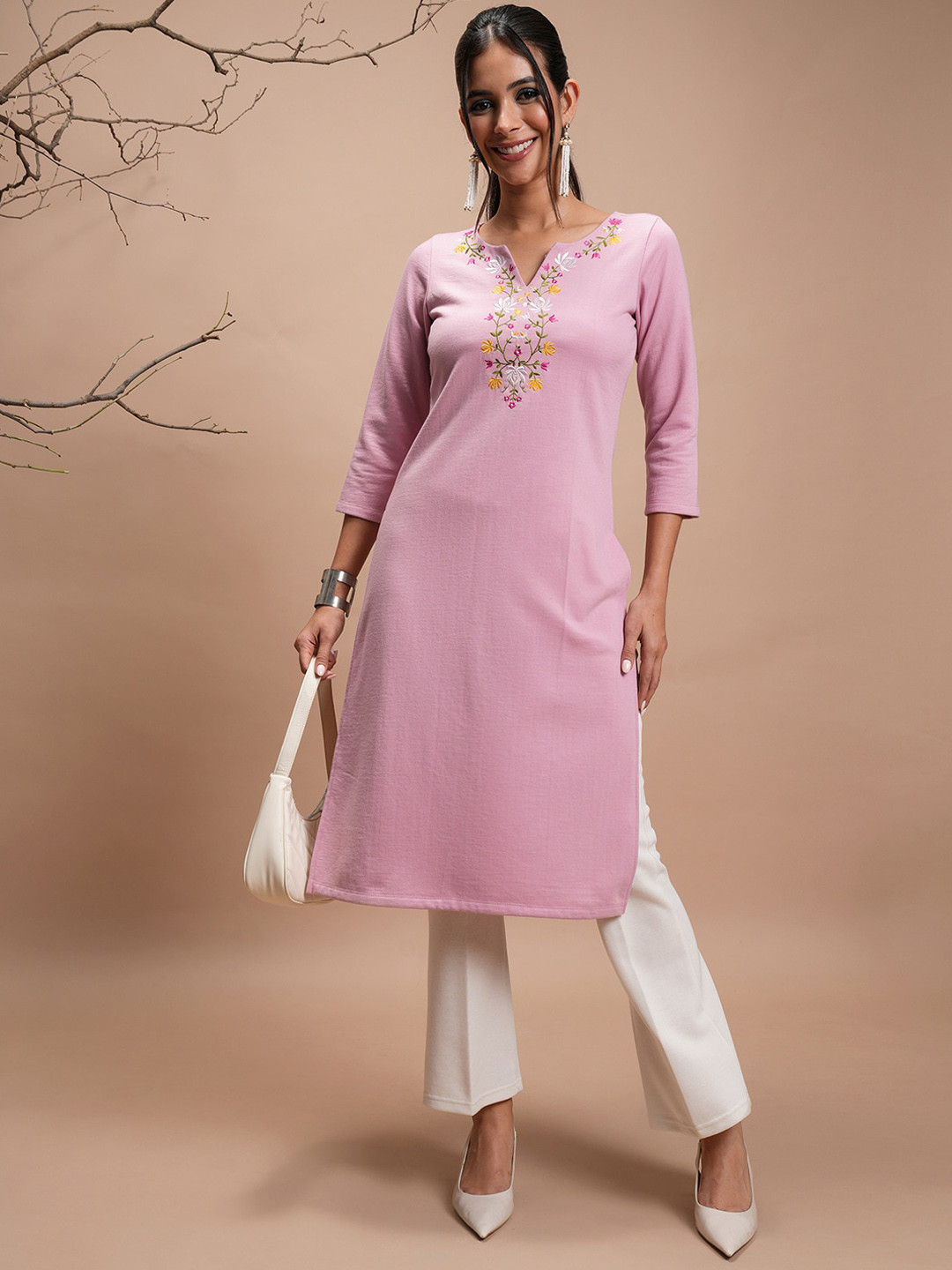 

KETCH Floral Yoke Design Thread Work Straight Winter Embroidered Kurta, Pink