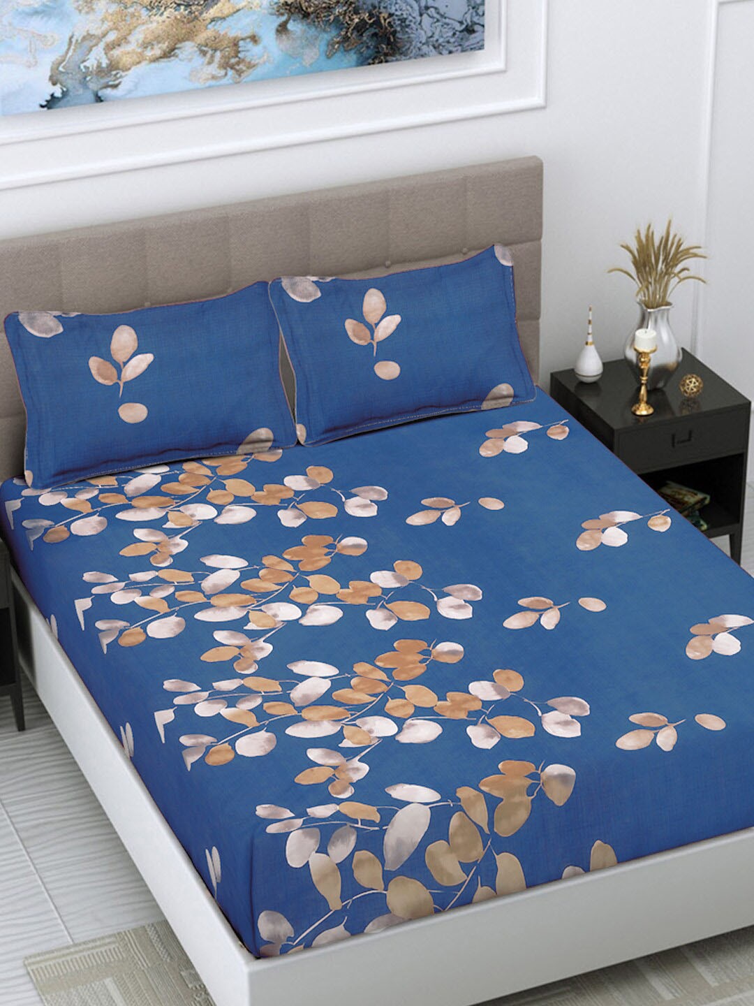 

FABINALIV Blue & Brown Floral Printed 300 TC King Bedsheet With 2 Pillow Covers