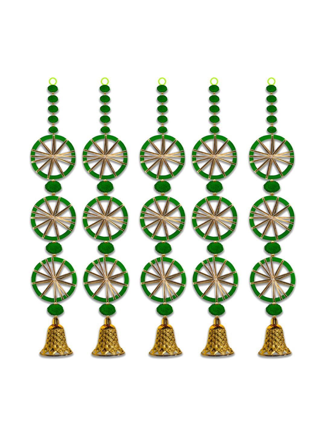 

iHandikart Green 5 Pieces Wall Hanging Pom Pom With Jaal Chudi Festive Decor