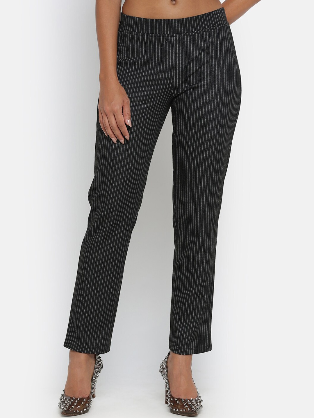 

OFFICE & YOU Women Striped Relaxed Straight Fit Trousers, Black