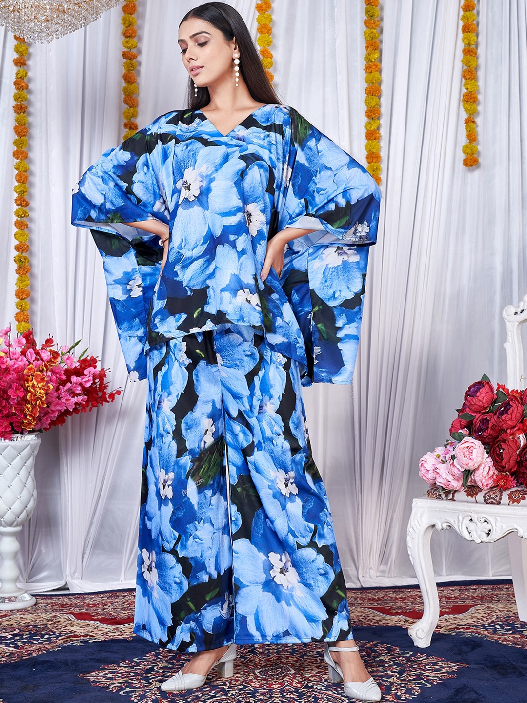 

Virah Fashion Floral Printed V Neck Kaftan With Flared Palazzos, Blue