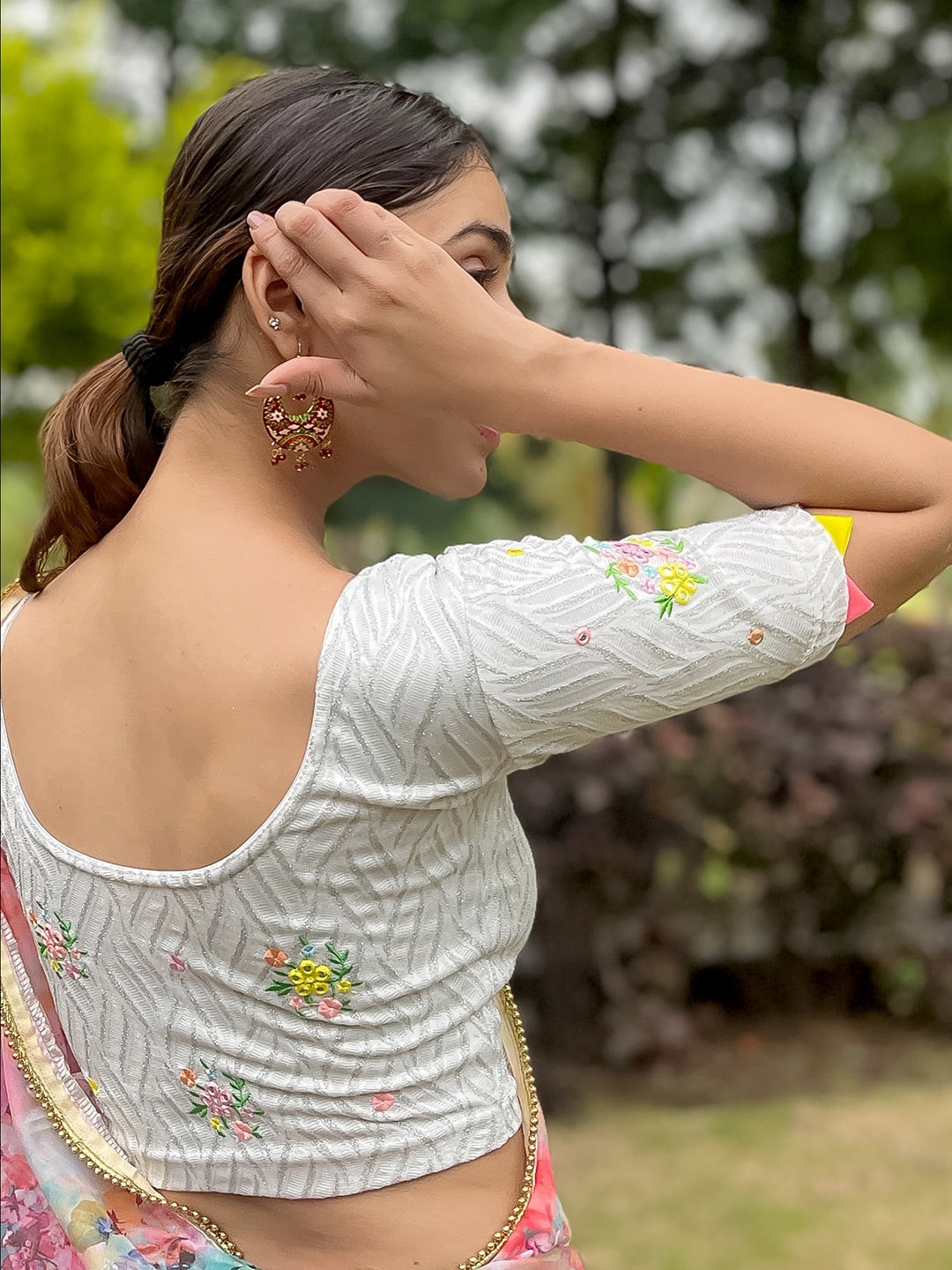 Bindigasm's Advi Embroidered Mirror Work Stretchable Saree Blouse, Silver