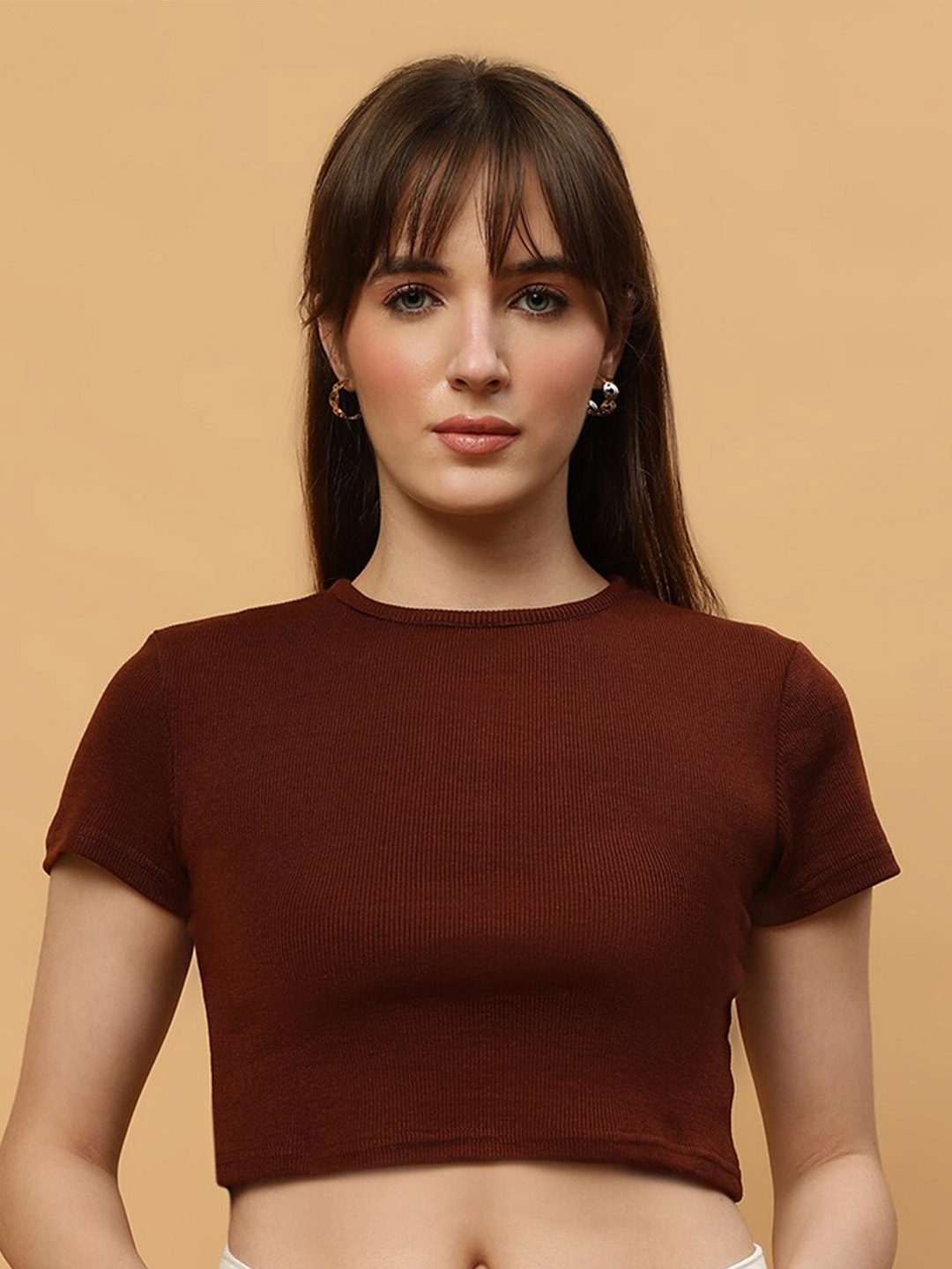 

UnaOne Ribbed Cotton Fitted Crop Top, Coffee brown