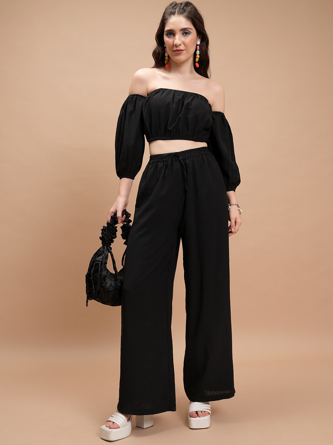 

KETCH Off-Shoulder Puff Sleeves Crop Top With Wide Leg Trouser, Black