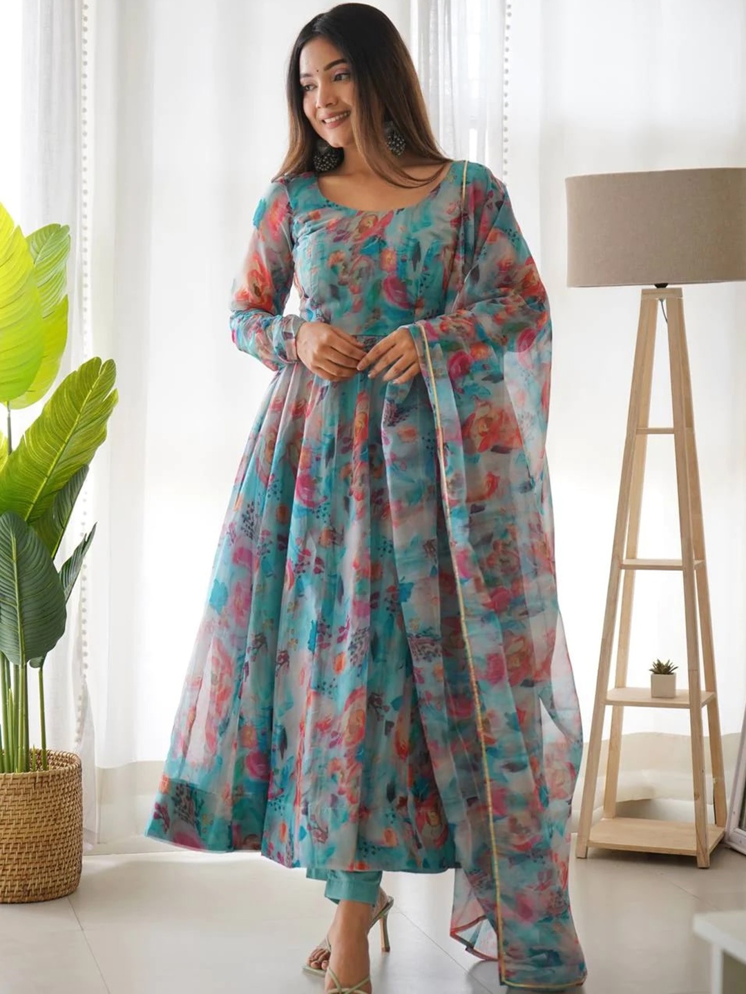 

PMD Fashion Women Turquoise Blue Floral Printed Angrakha Gotta Patti Kurta with Trousers & With Dupatta