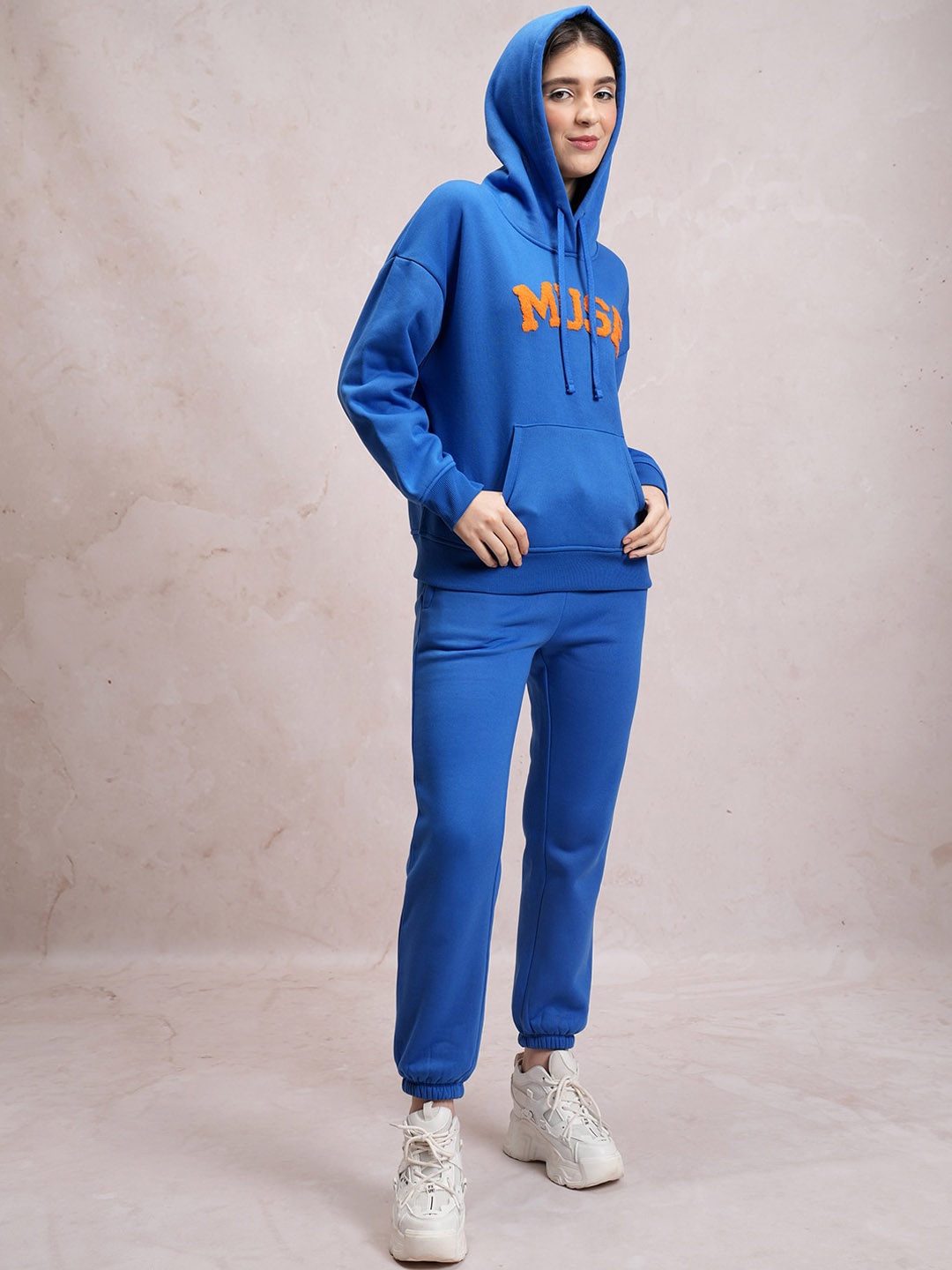 

Tokyo Talkies Blue Typography Embroidered Hood Oversized Sweatshirt With Jogger