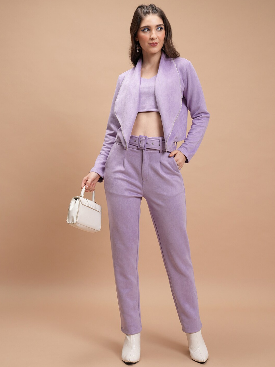 

Tokyo Talkies Suede Shoulder Straps Crop Top With Blazer And Trousers, Purple