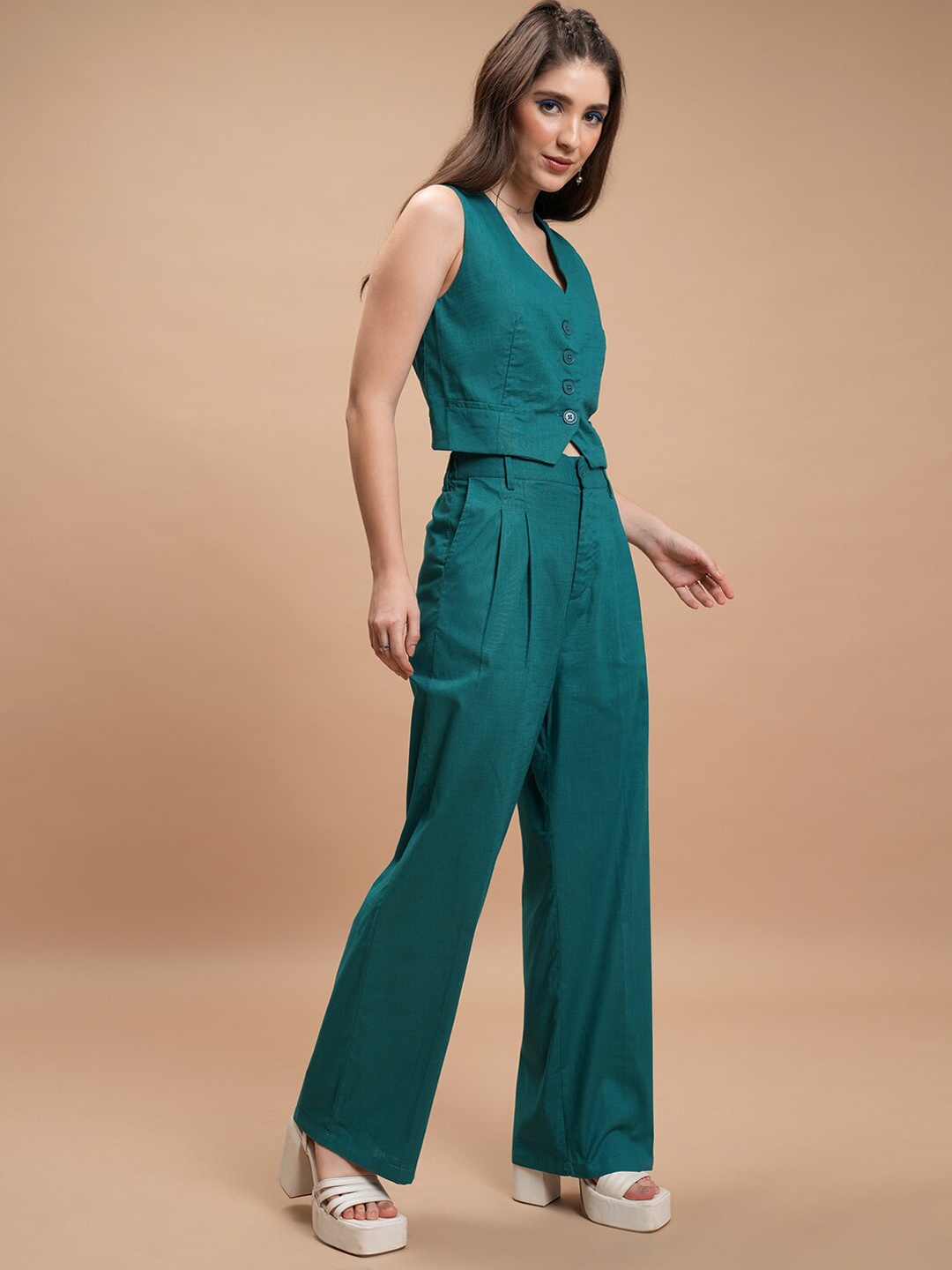 

Tokyo Talkies Cropped Waistcoat And Trousers, Teal