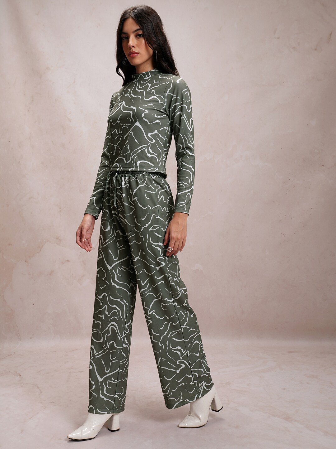 

Tokyo Talkies Printed High Neck Top With Straight Leg Trousers, Olive