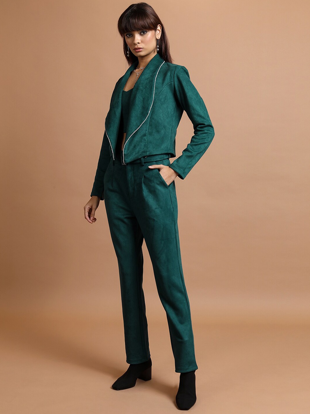 

Tokyo Talkies Shoulder Straps Suede Top with Shawl-Collar Blazer & Trouser, Teal