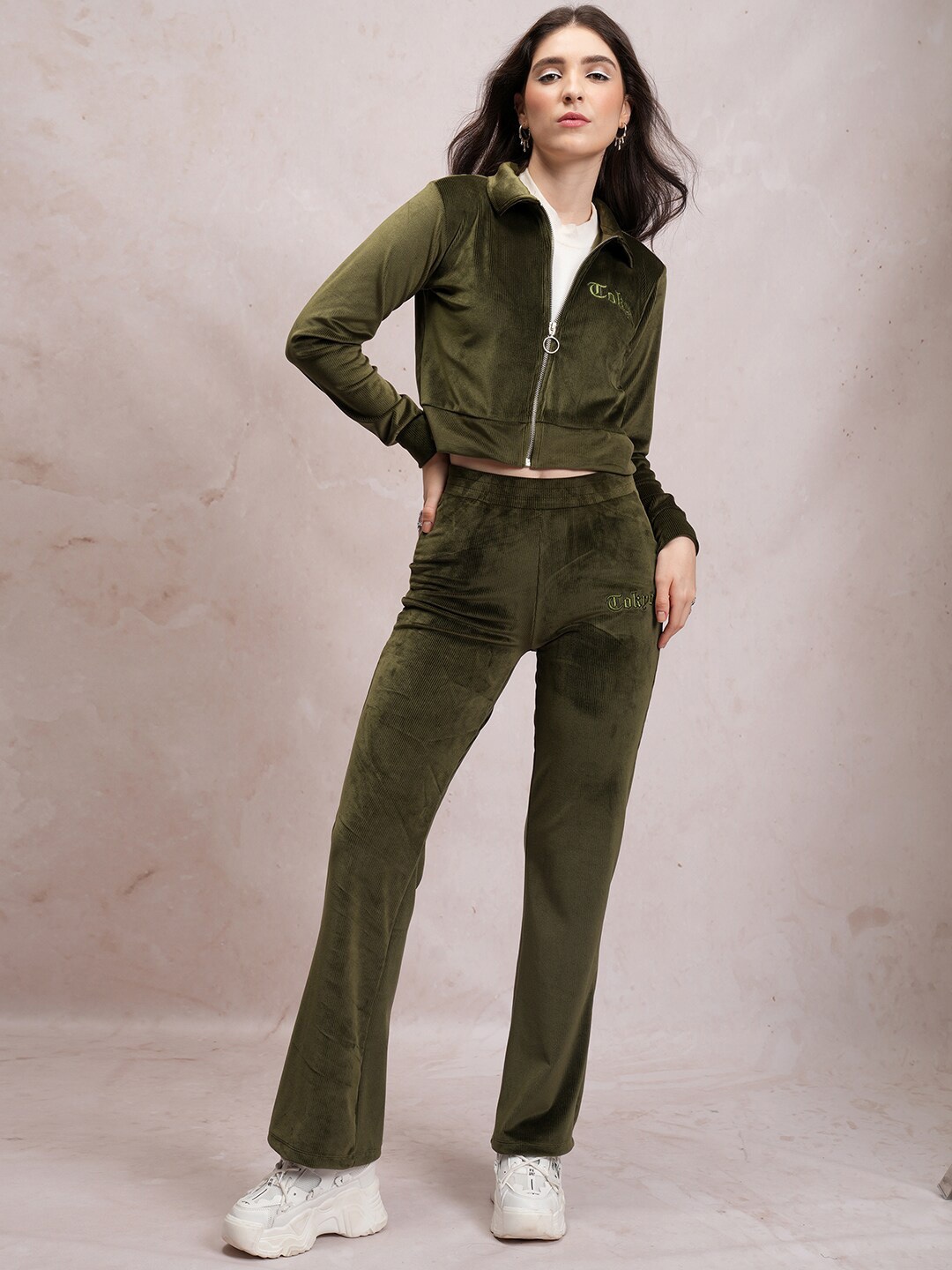 

Tokyo Talkies Green Shirt Collar Sweatshirt & Wide Leg Trouser