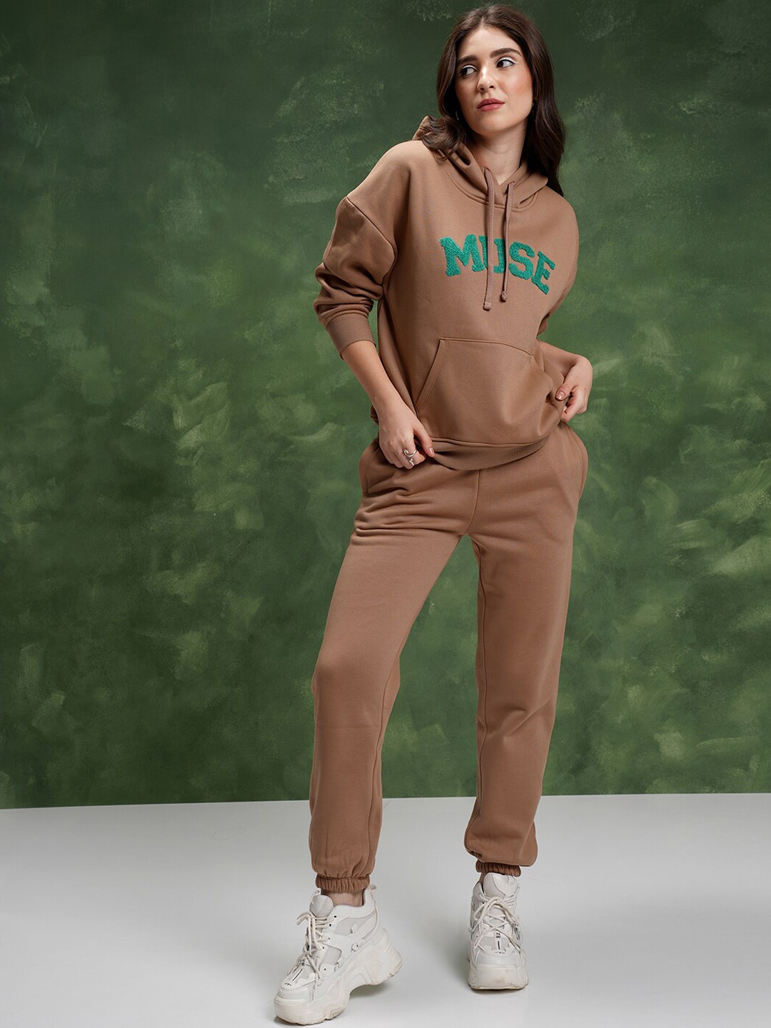 

Tokyo Talkies Typography Embroidered Oversized Hooded Sweatshirt With Joggers, Brown