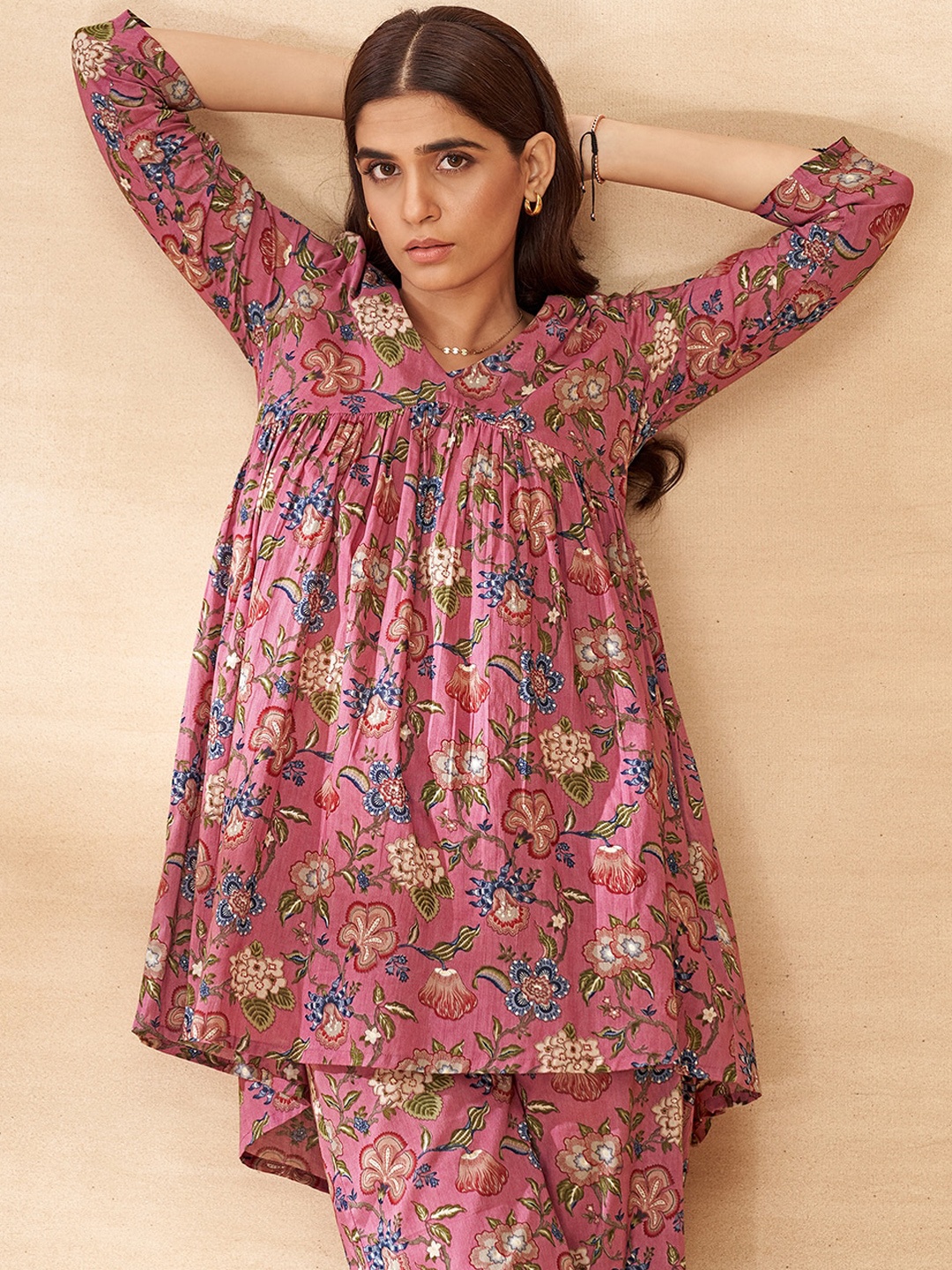 

DRESOUL Floral Printed V-Neck Pure Cotton Tunic With Trousers, Purple