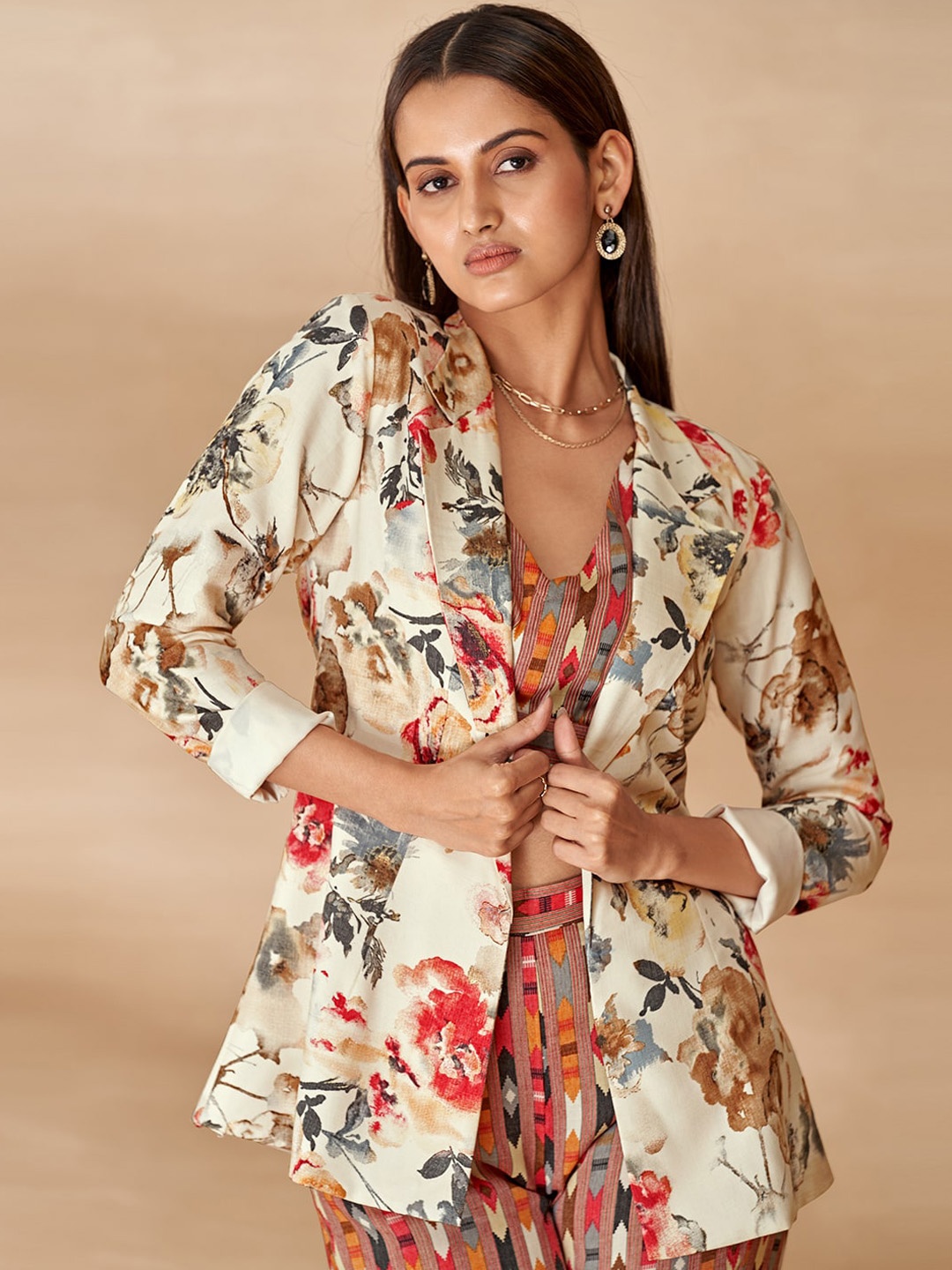 

DRESOUL Floral Printed Crop Top With Blazer & Palazzos, Black