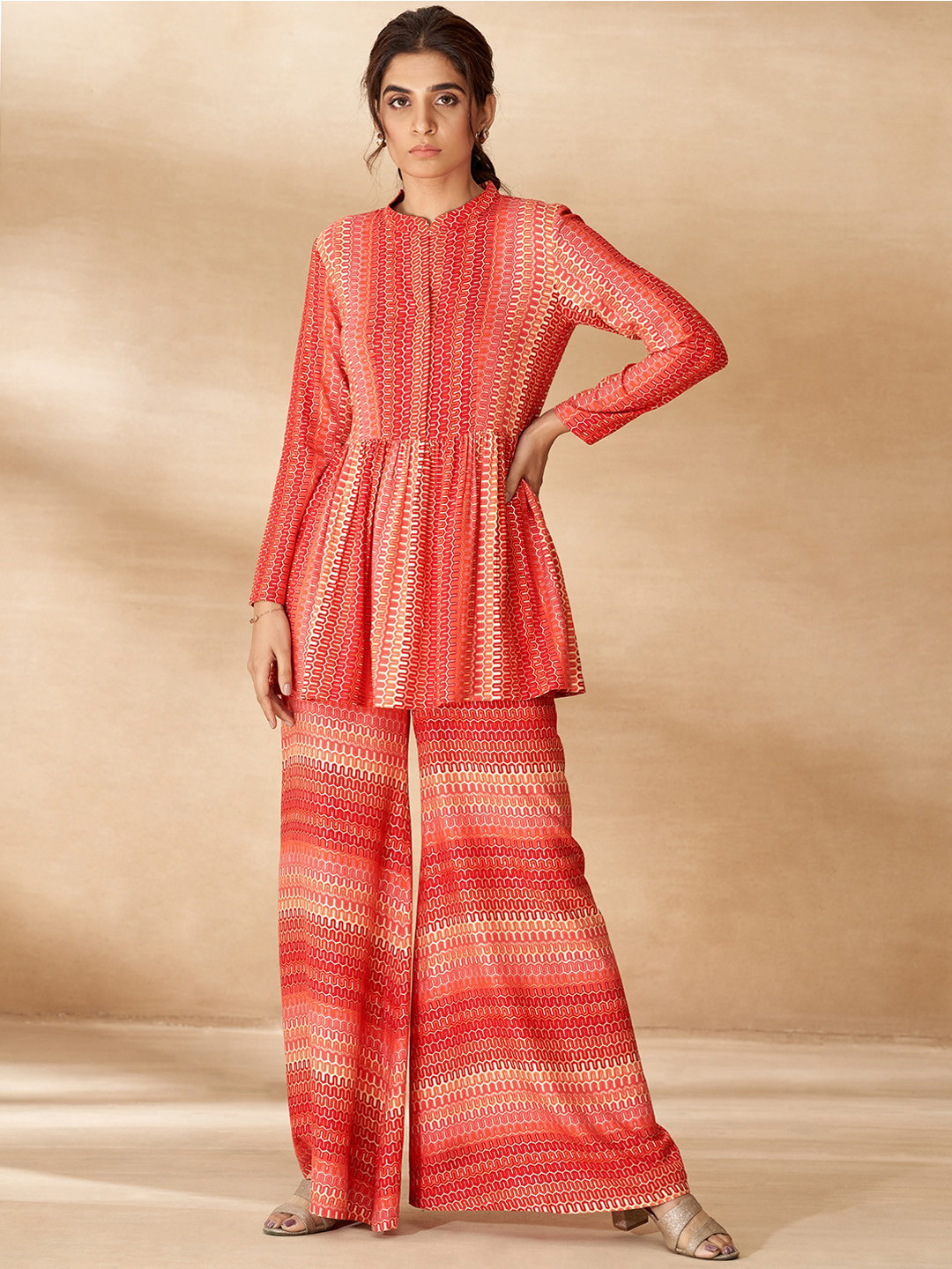 

DRESOUL Printed Mandarin-Collar Long Sleeves Tunic With Trouser, Red