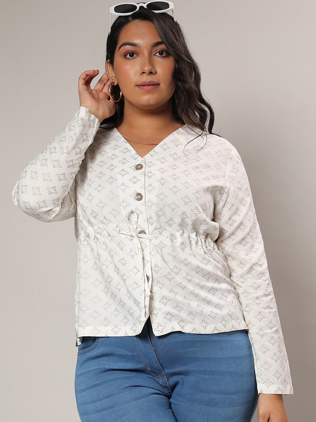 

Instafab Plus Ethnic Motifs Printed V-neck Top, White