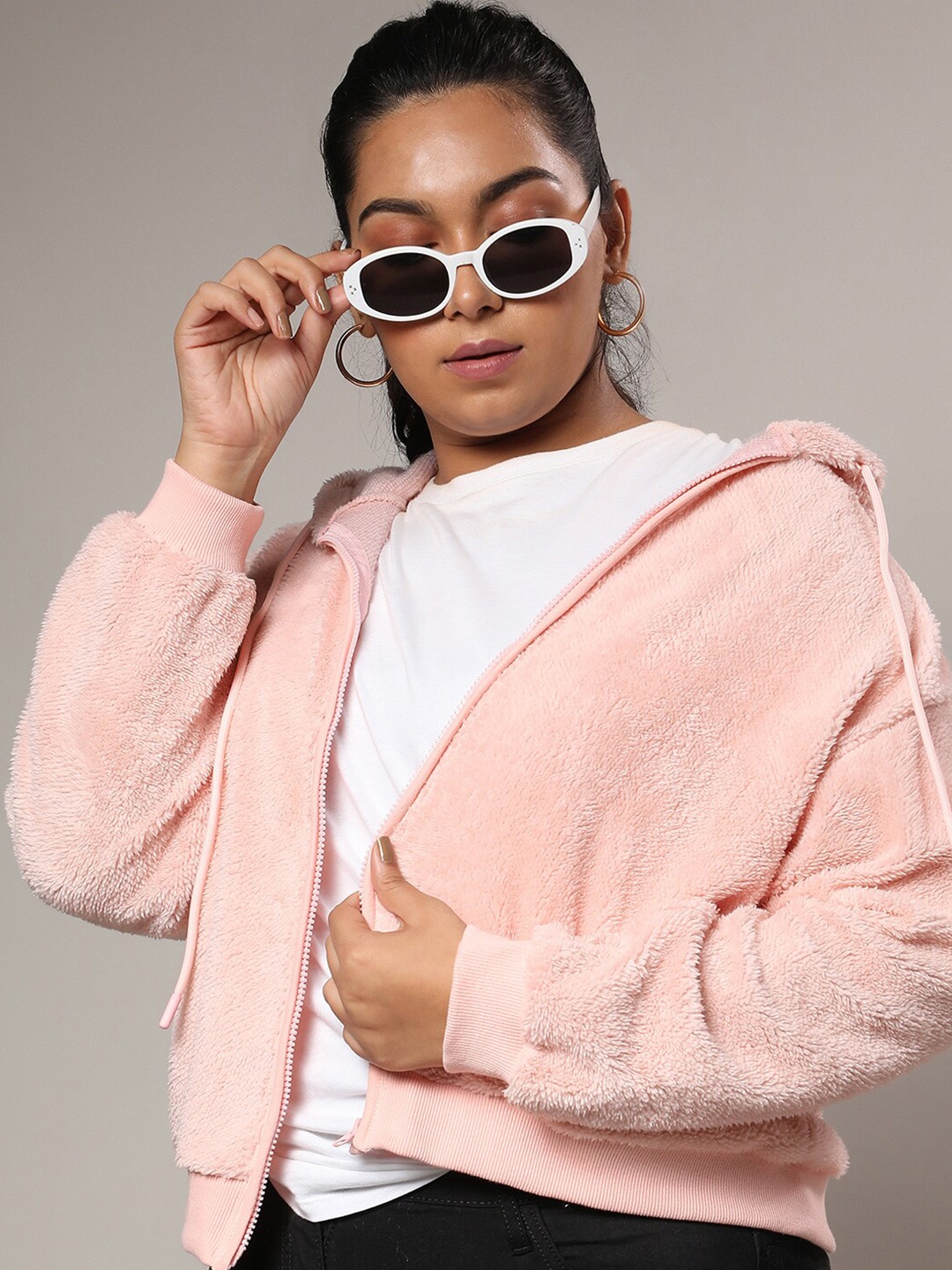 

Instafab Plus Size Fur Cotton Hood Front Open Sweatshirt, Peach