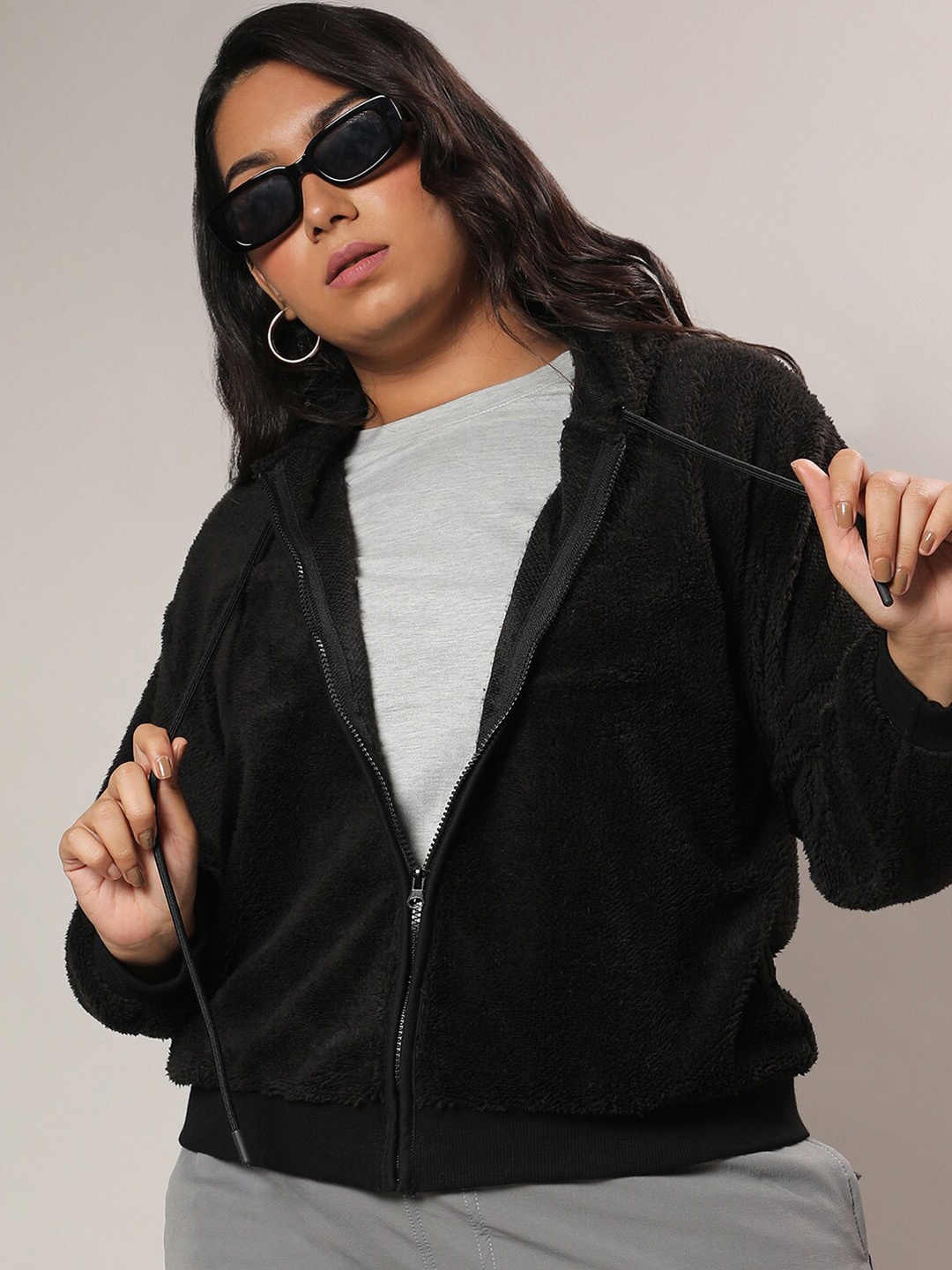 

Instafab Plus Size Fur Cotton Fleece Hood Front Open Sweatshirt, Black