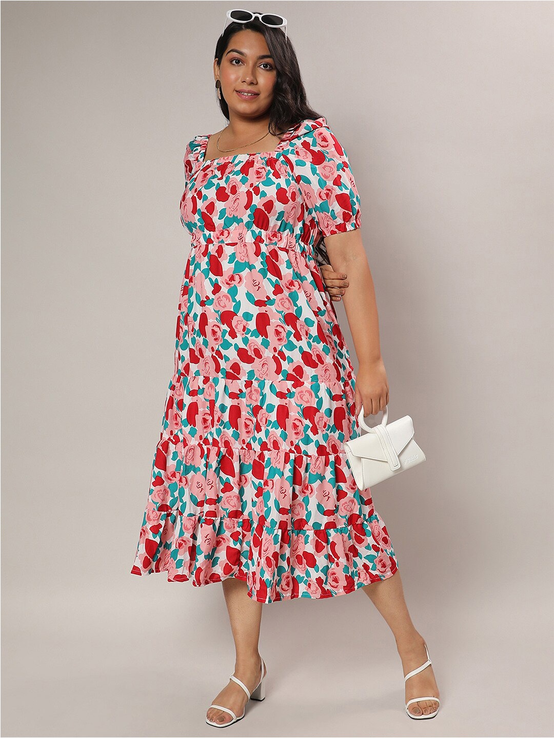 

Instafab Plus Floral Printed Square Neck Puff Sleeves A-Line Dress, Multi
