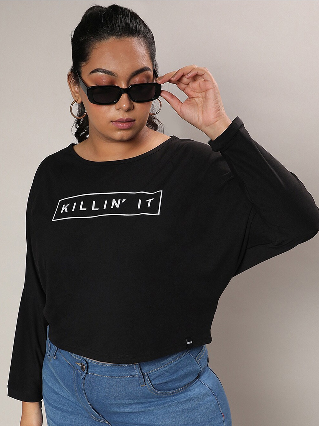 

Instafab Plus Typography Printed Top, Black
