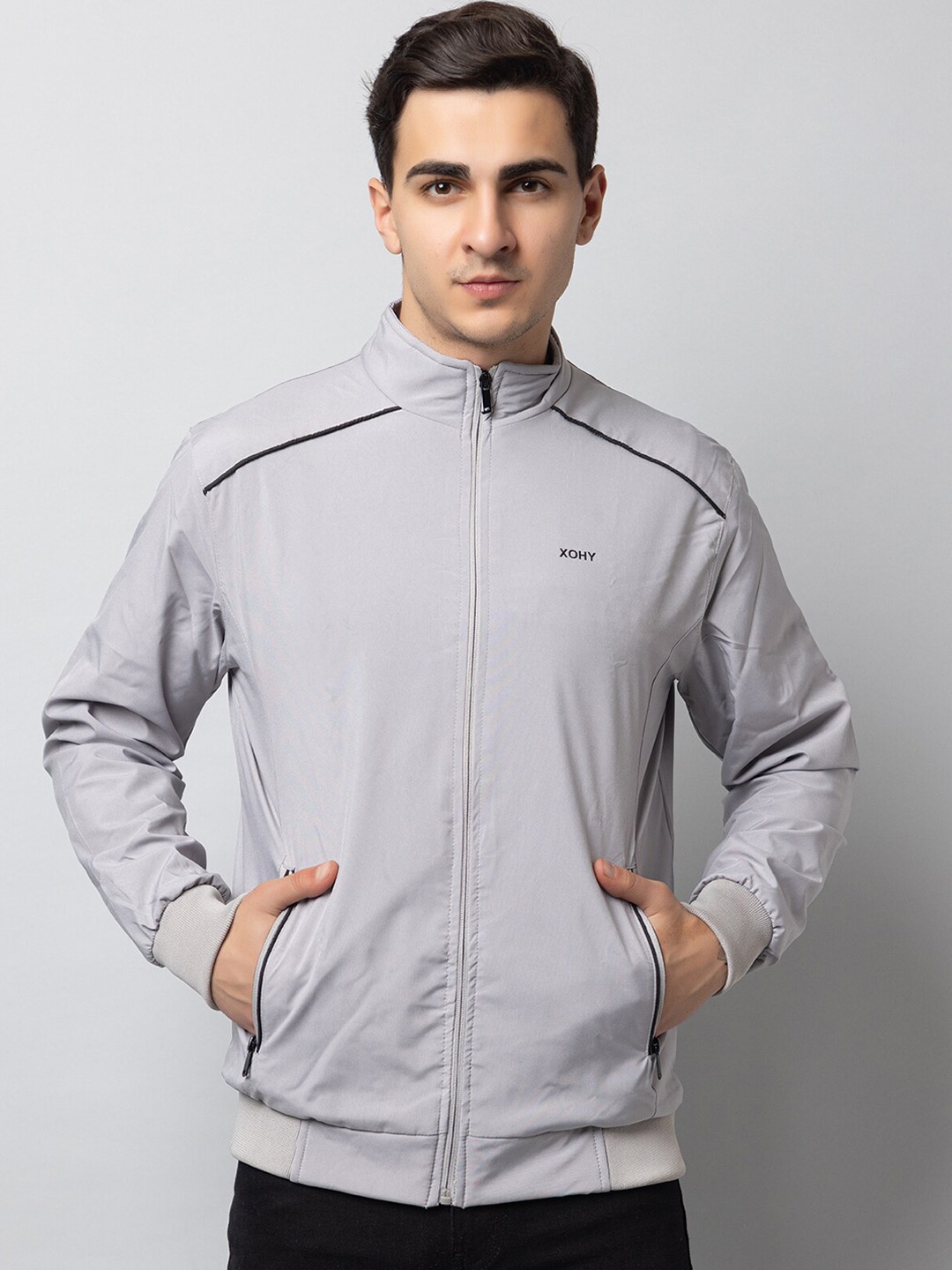 

Xohy Long Sleeves Mock Collar Lightweight Bomber Jacket, Grey