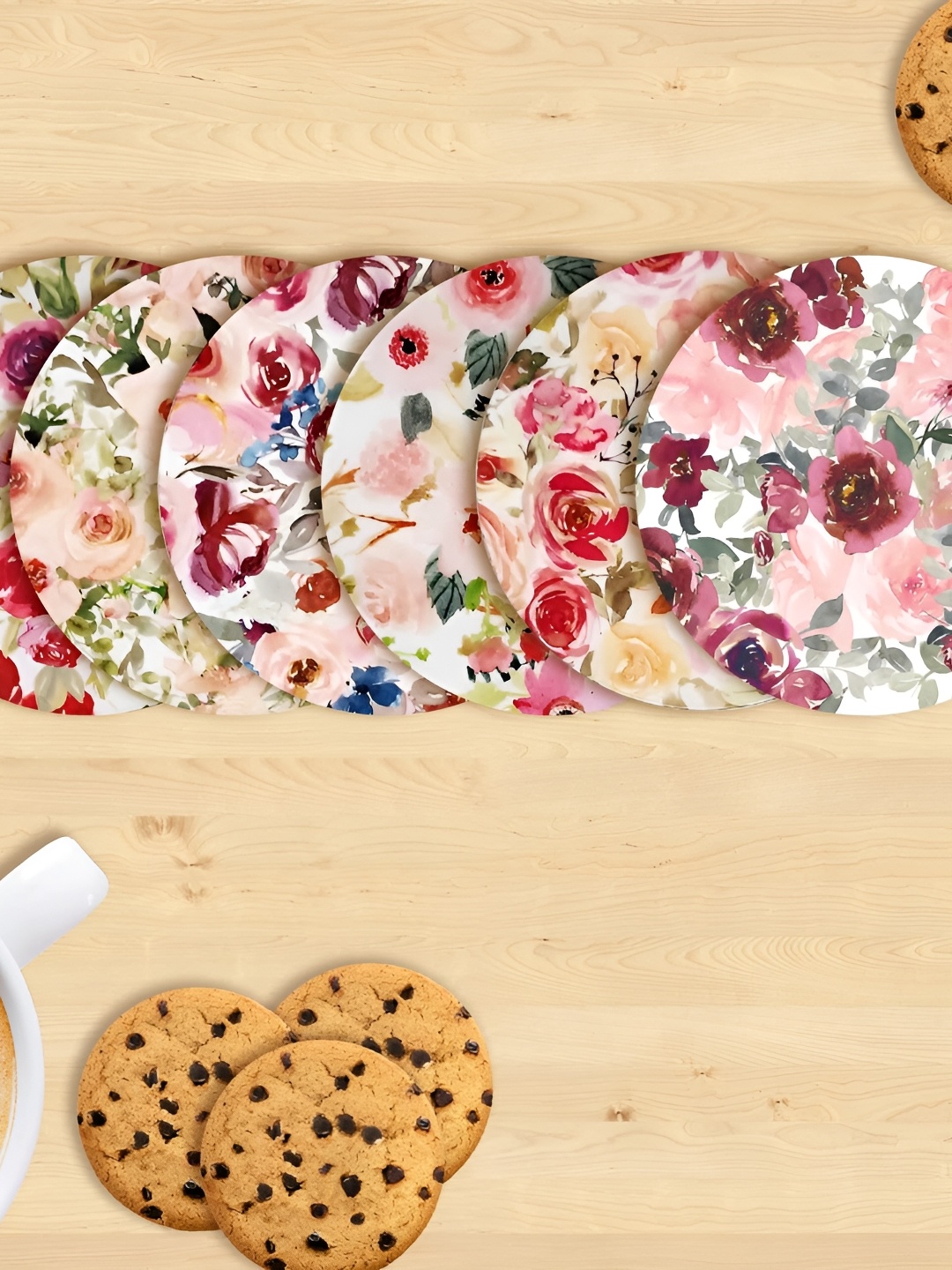 

CLAWCRAFTS Pink & Green 6 Pieces Floral Printed Wooden Round Coasters