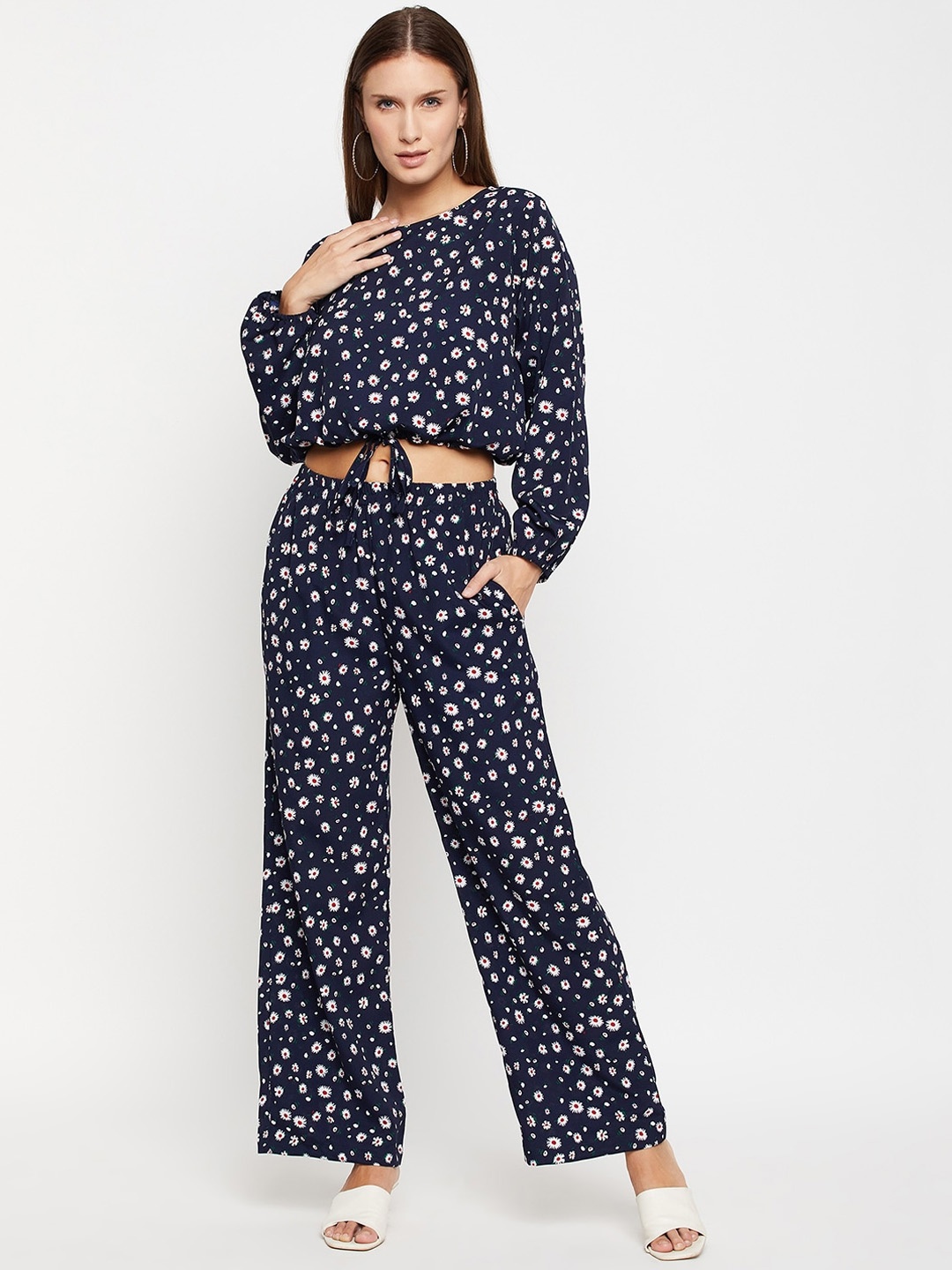 

Fashfun Floral Printed Cropped Top With Trousers, Navy blue