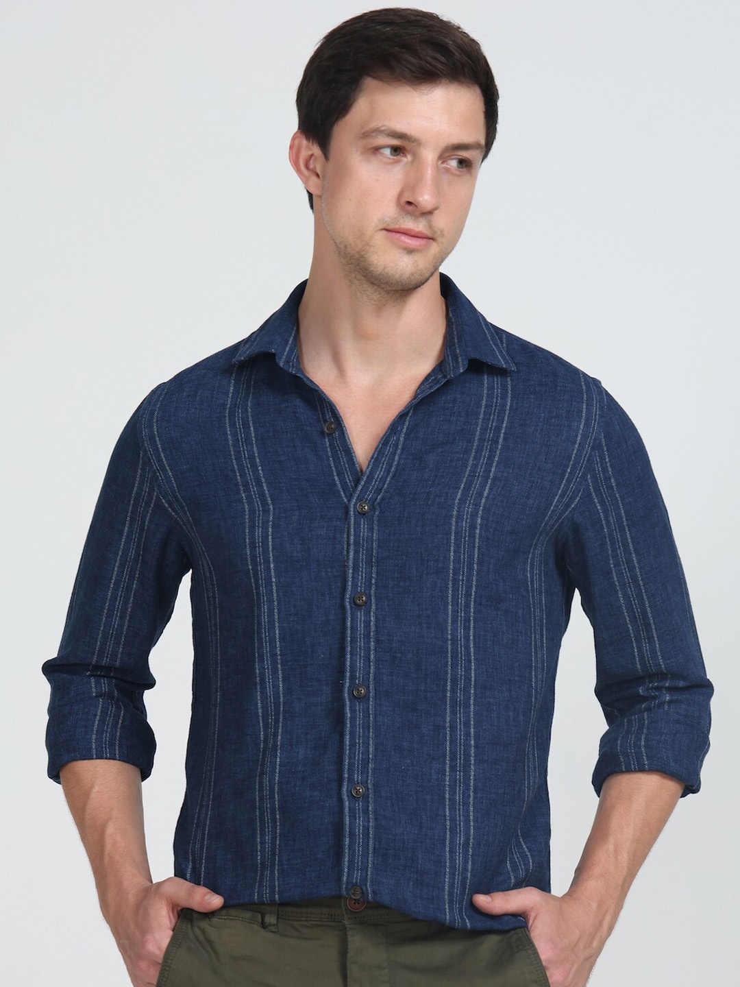 

POE Striped Spread Collar Long Sleeves Smart Slim Fit Cotton Shirt, Navy blue