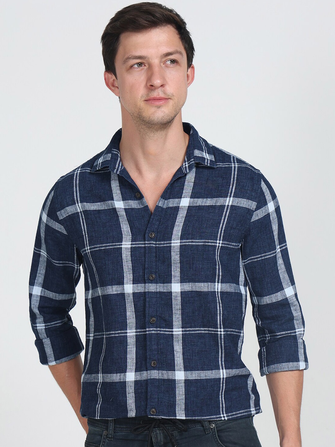

POE Tartan Checks Spread Collar Long Sleeves Smart Slim Fit Cotton Shirt, Navy blue