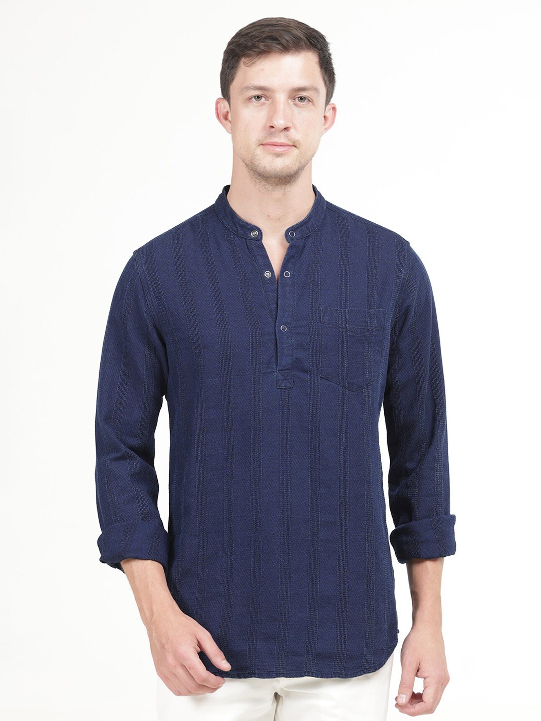 

POE Striped Band Collar Long Sleeves Cotton Straight Kurta, Navy blue