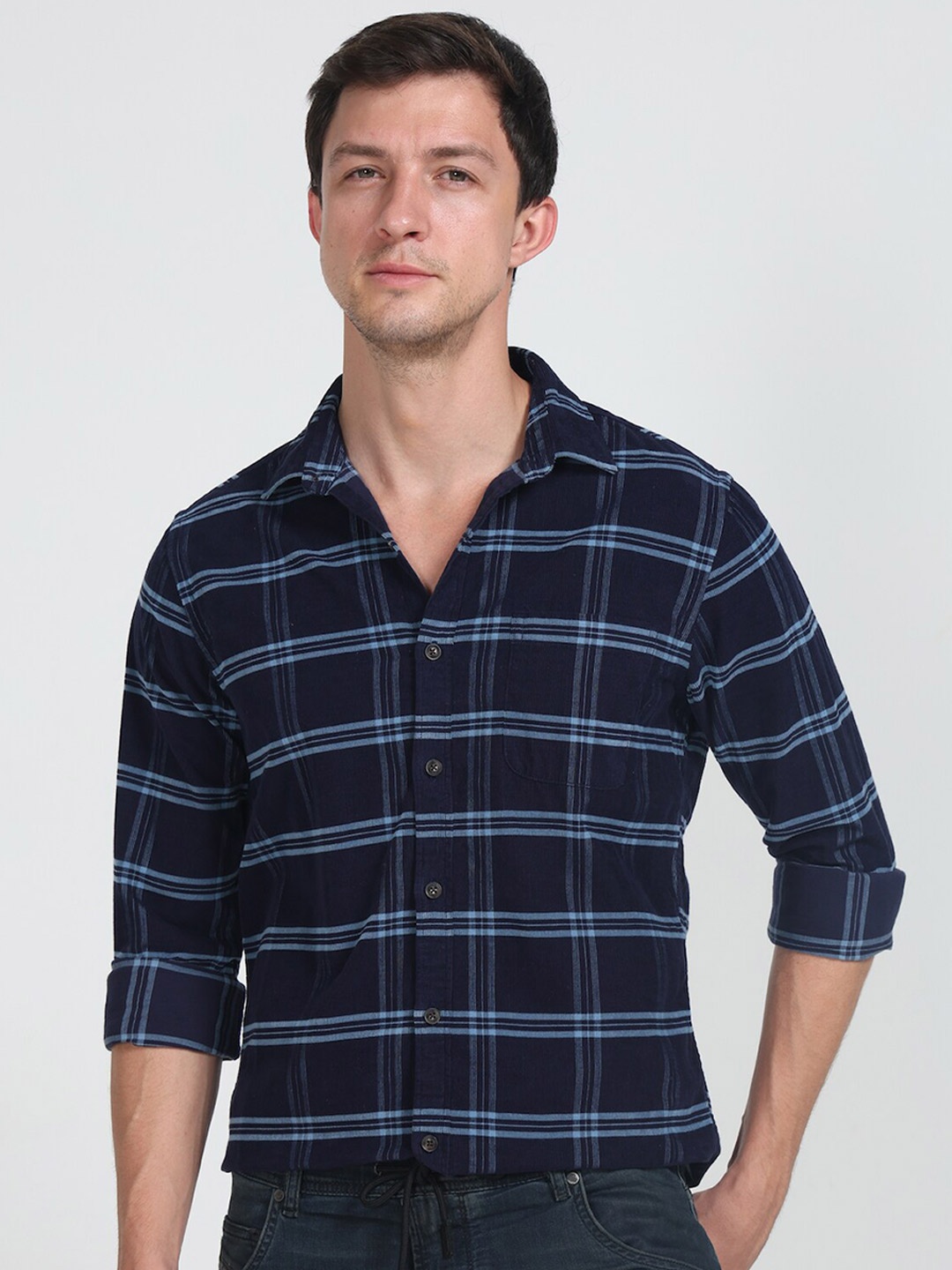 

POE Smart Slim Fit Tartan Checked Pure Cotton Shirt, Navy blue