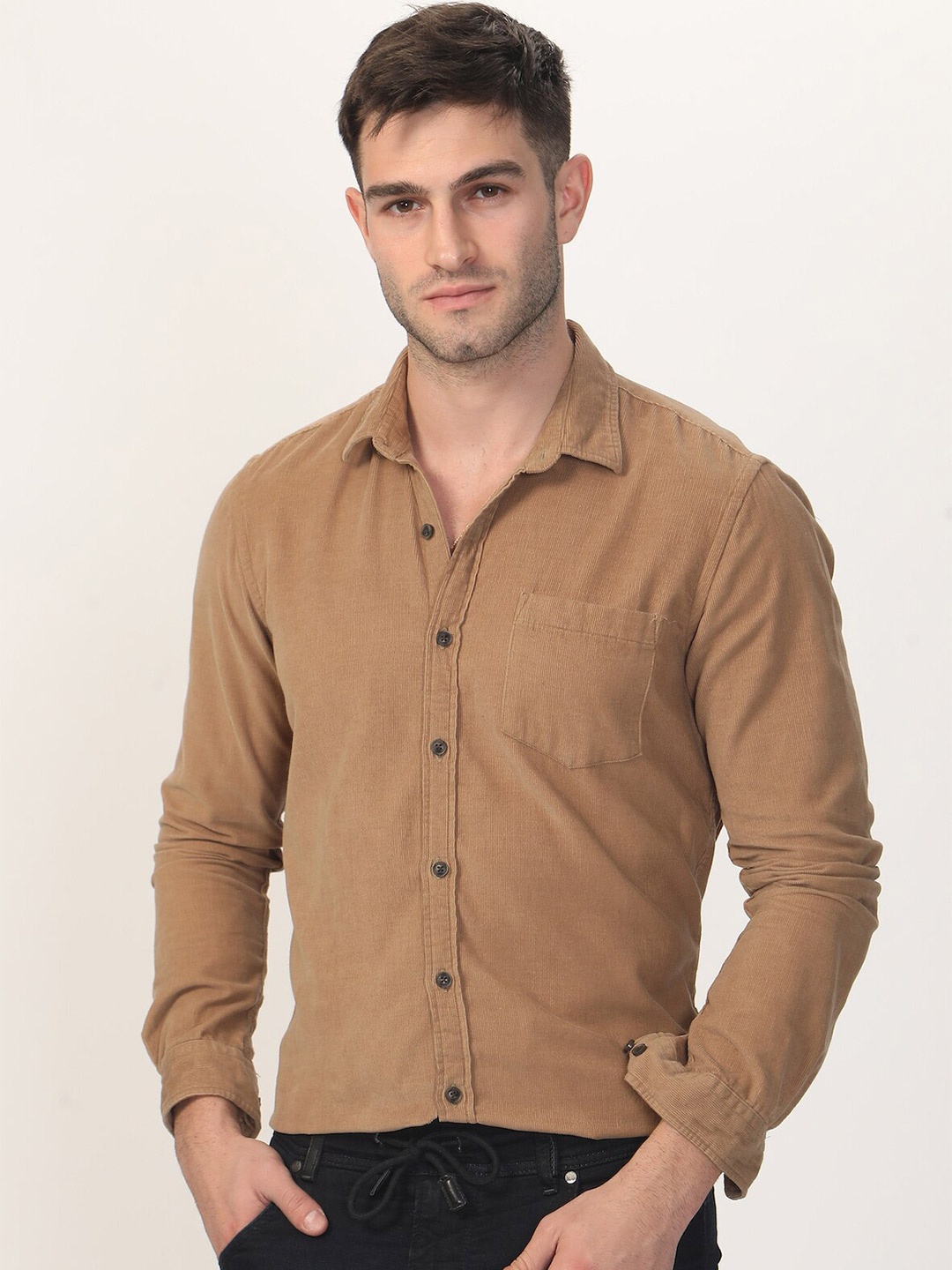 

POE Spread Collar Long Sleeves Pocket Smart Slim Fit Shirt, Khaki