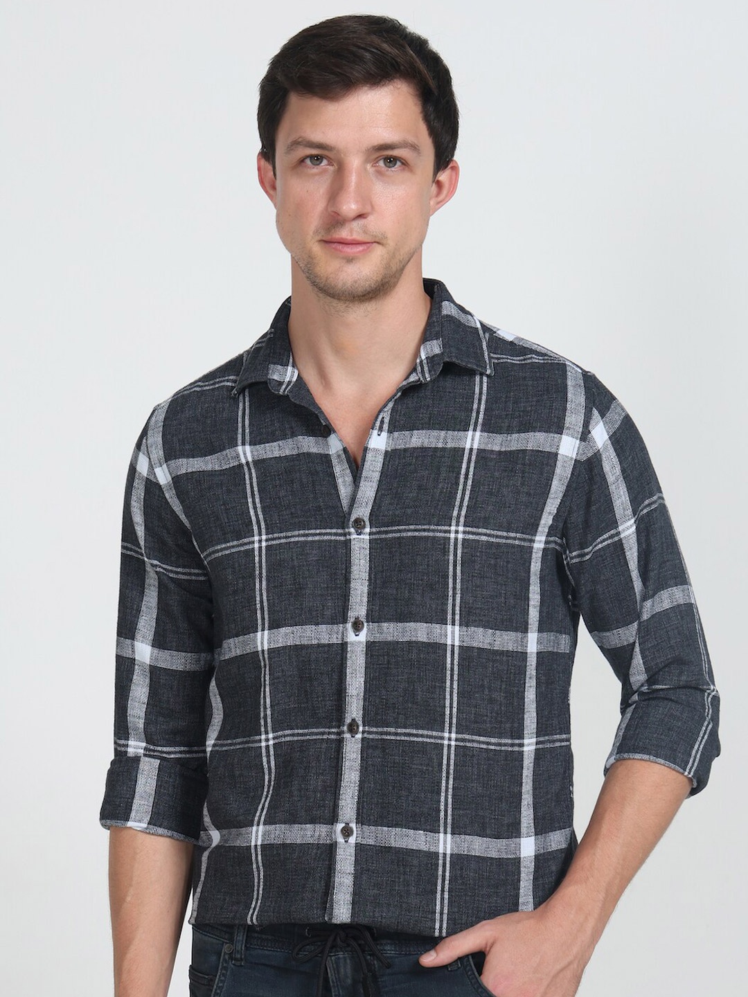 

POE Smart Slim Fit Windowpane Checked Pure Cotton Shirt, Black