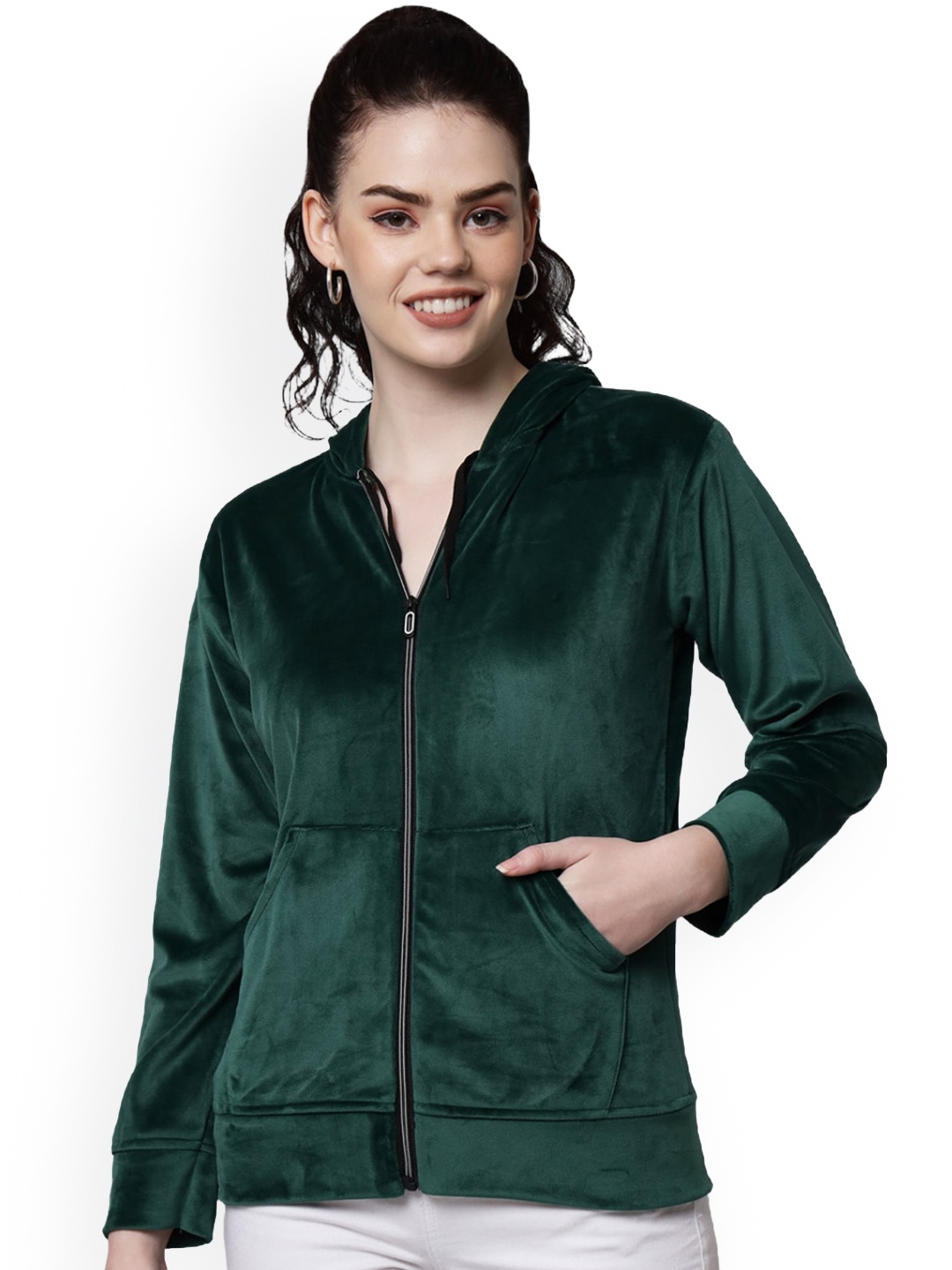 

Funday Fashion Hooded Neck Long Sleeves Zip Detail Velvet Bomber Jacket, Green