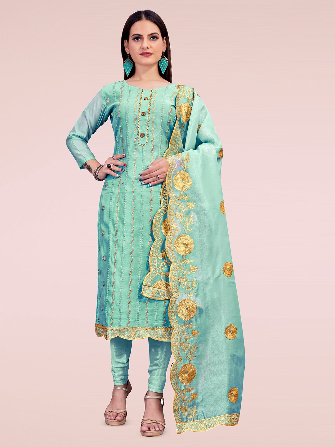 

MANVAA Embellished Unstitched Dress Material, Green