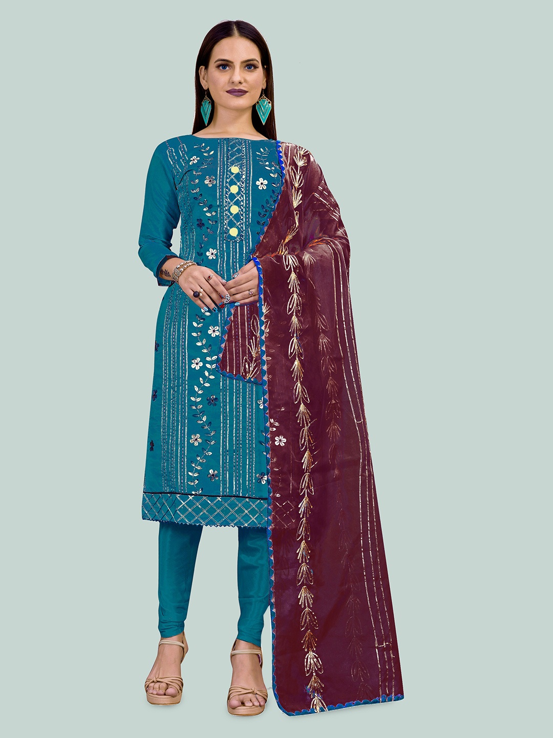 

MANVAA Floral Embellished Gotta Patti Unstitched Dress Material, Blue