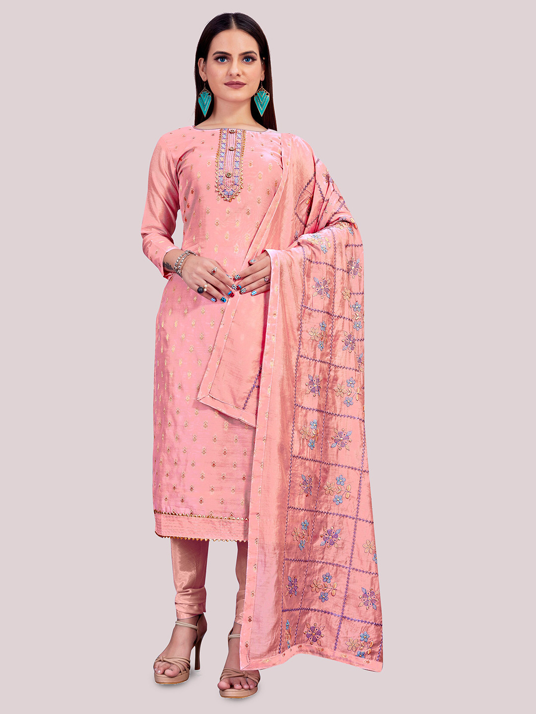 

MANVAA Ethnic Motifs Woven Design Gotta Patti Banarasi Jacquard Unstitched Dress Material, Pink