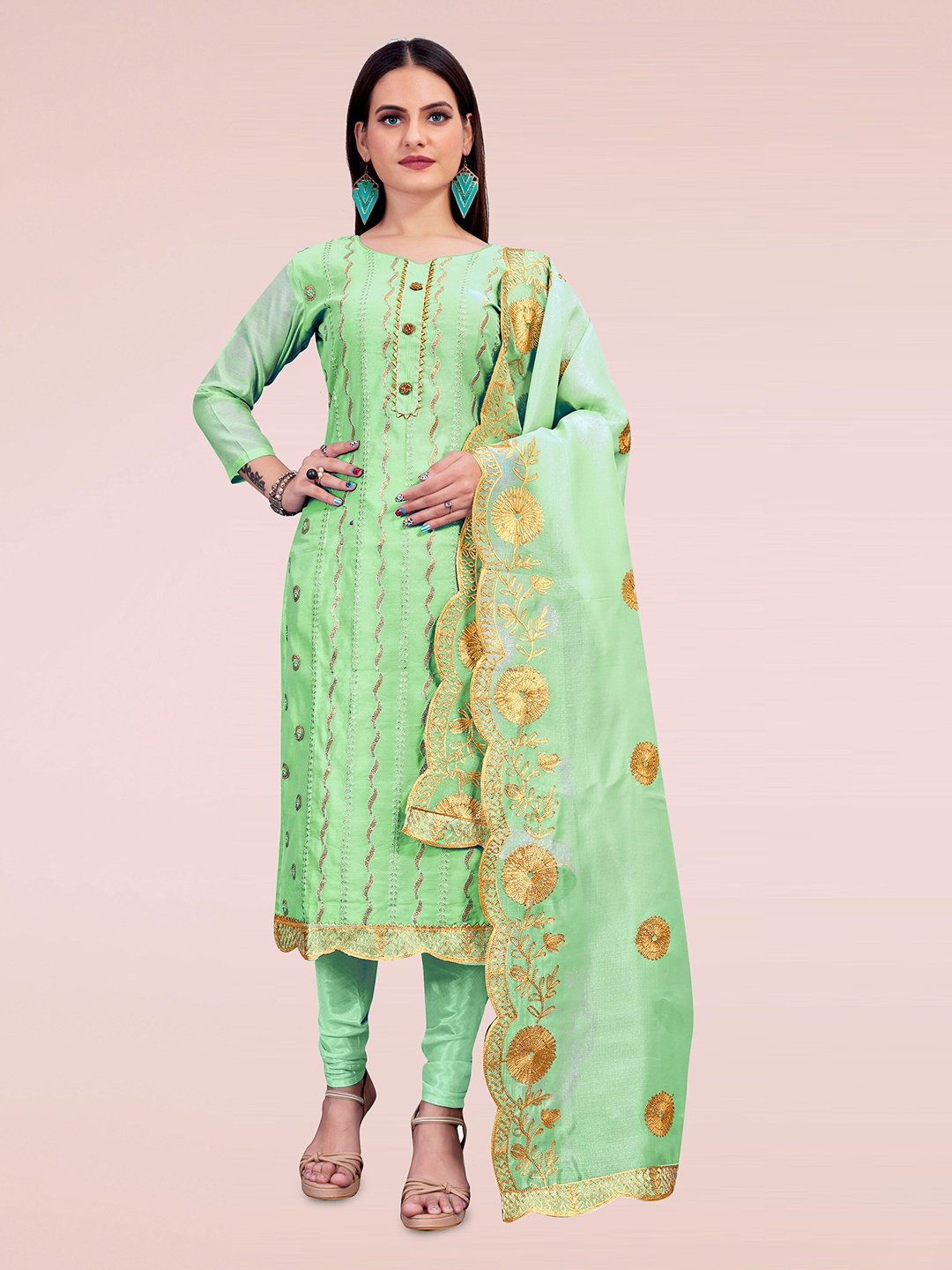 

MANVAA Ethnic Motifs Embroidered Gotta Patti Unstitched Dress Material, Green
