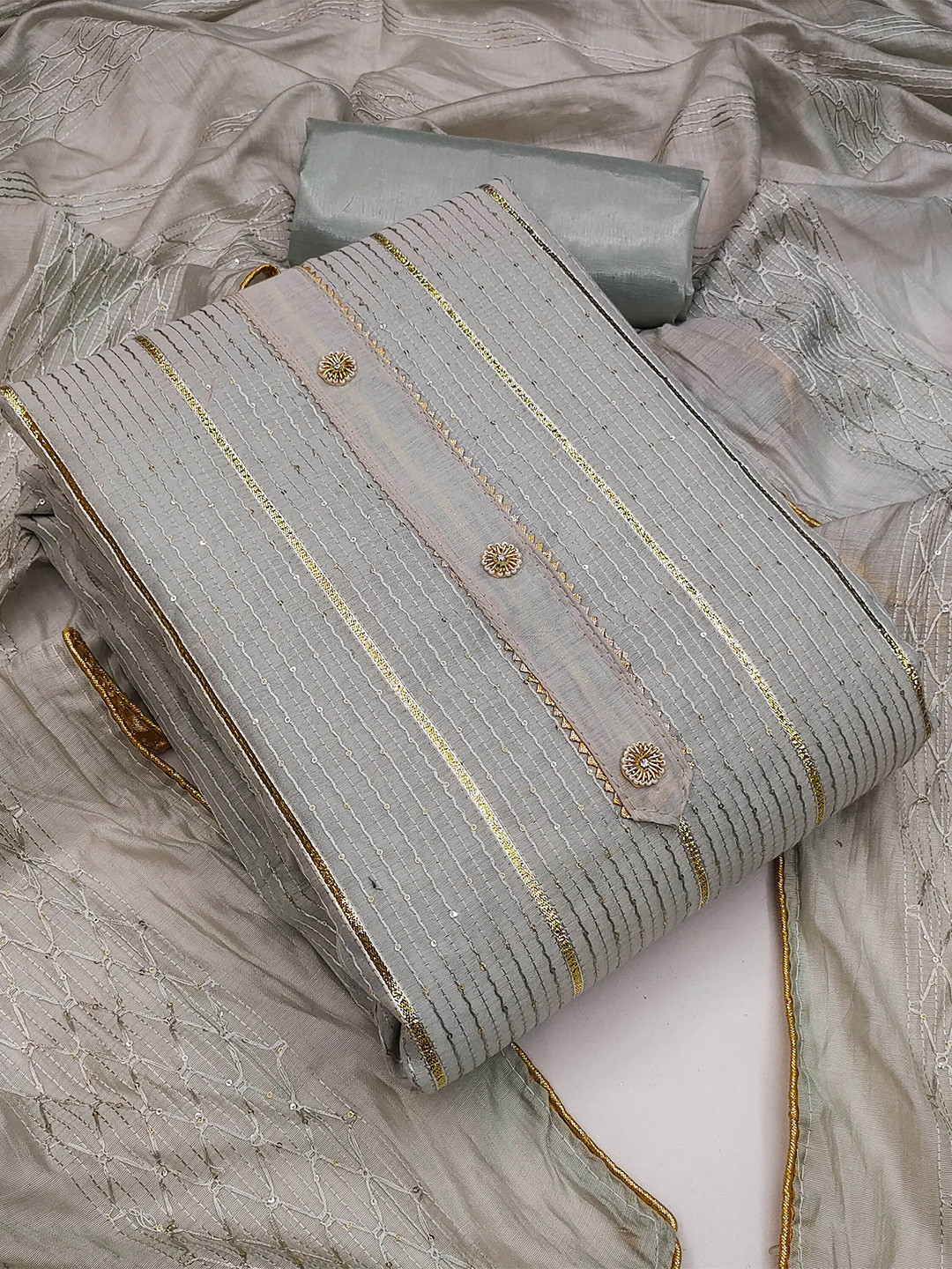 

MANVAA Striped Embroidered Gotta Patti Unstitched Dress Material, Grey