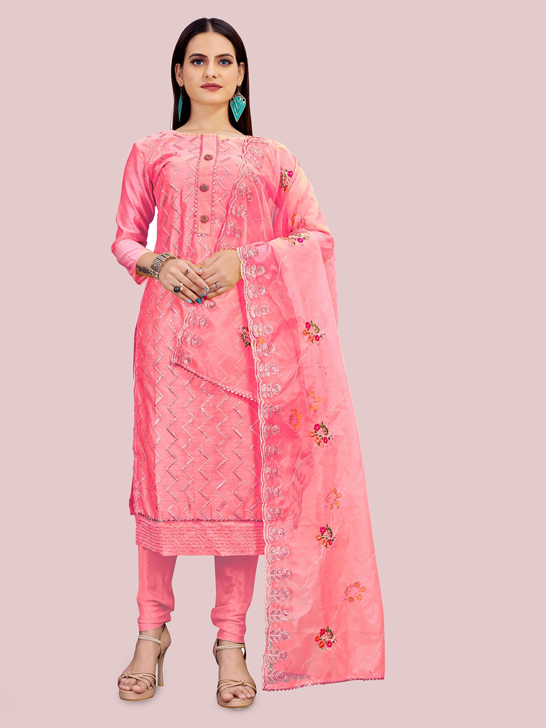 

MANVAA Chevron Embroidered Gotta Patti Chanderi Cotton Unstitched Dress Material, Pink