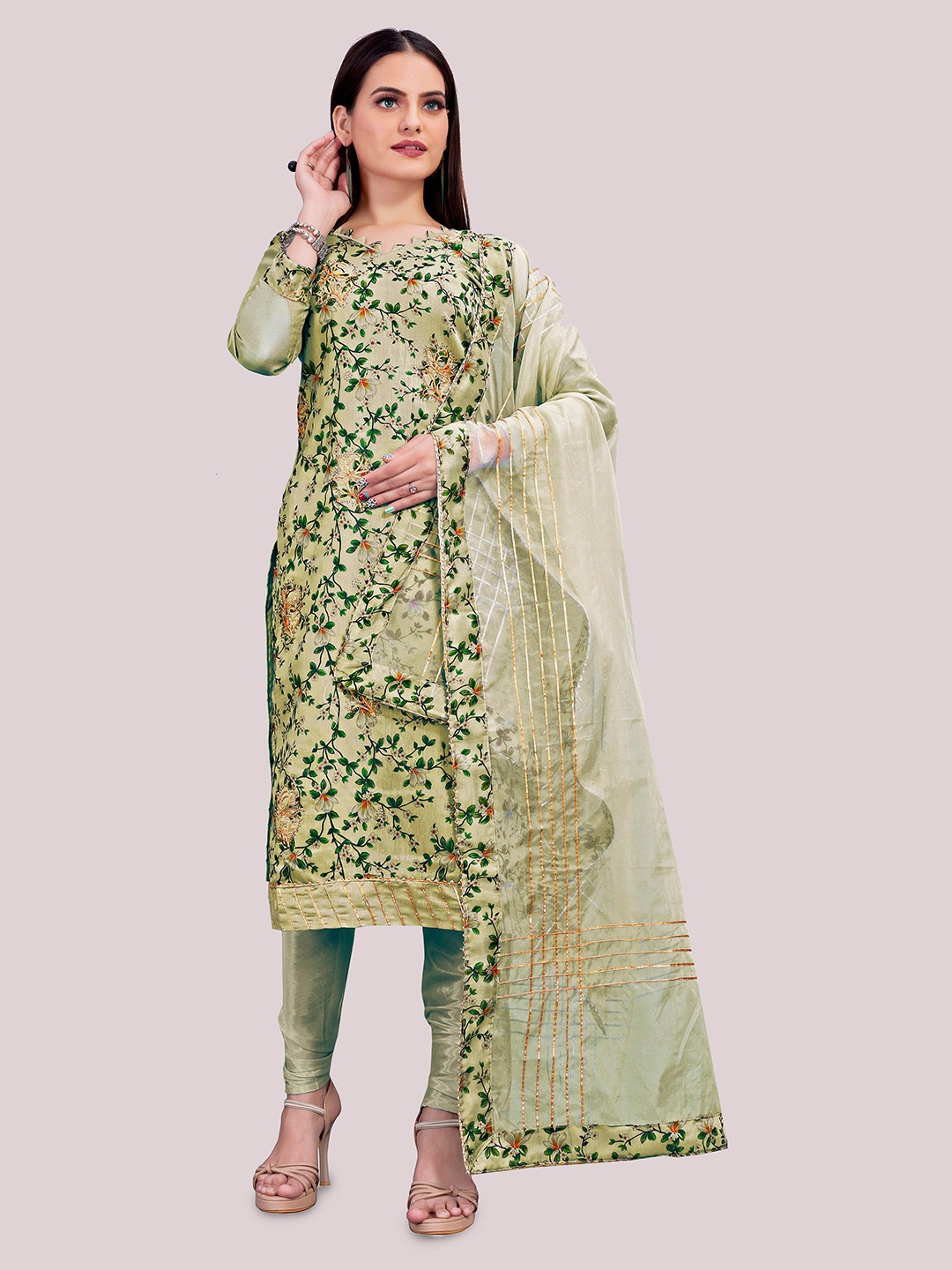 

MANVAA Floral Printed Gotta Patti Unstitched Dress Material, Olive