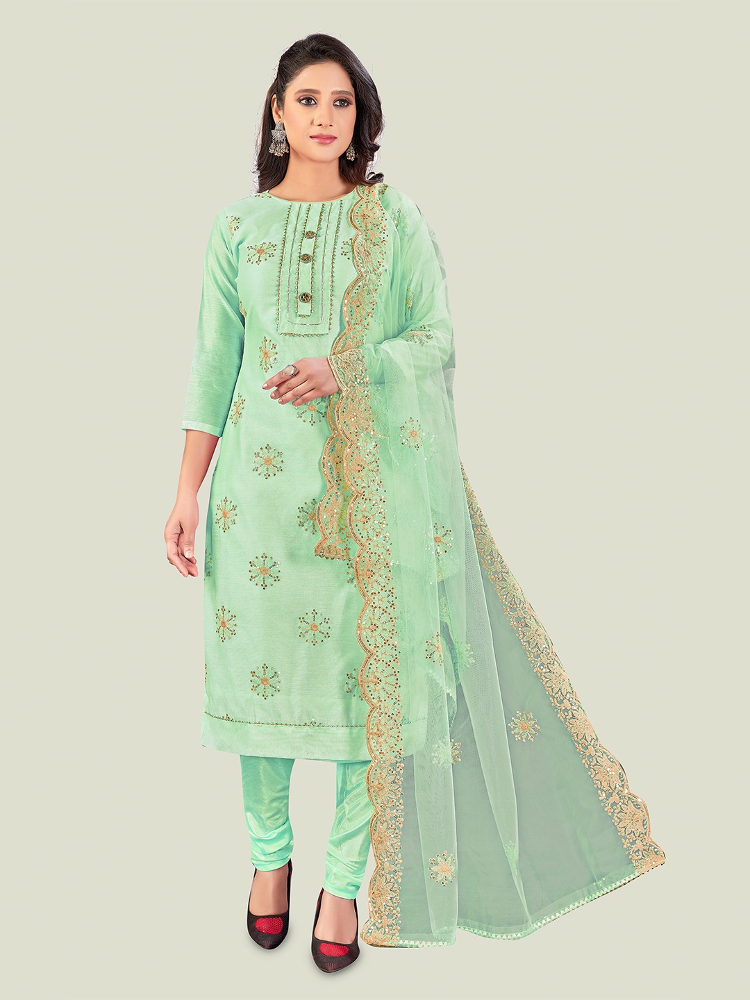 

MANVAA Floral Embroidered Sequinned Unstitched Dress Material, Sea green