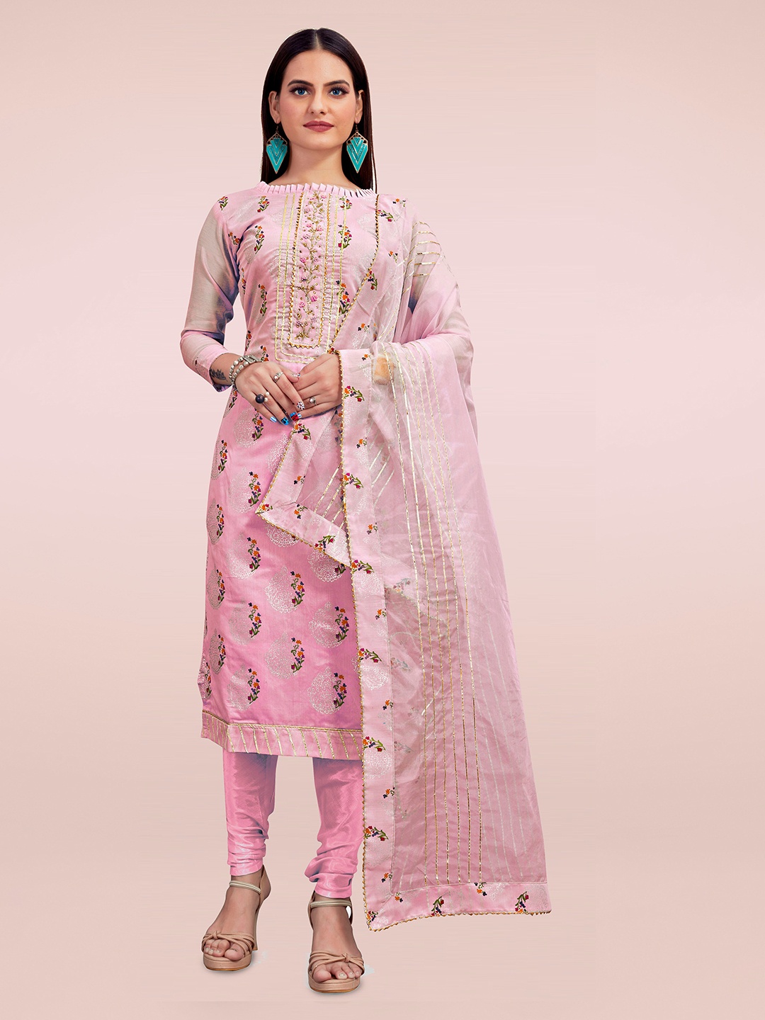 

MANVAA Floral Printed Gotta Patti Unstitched Dress Material, Pink
