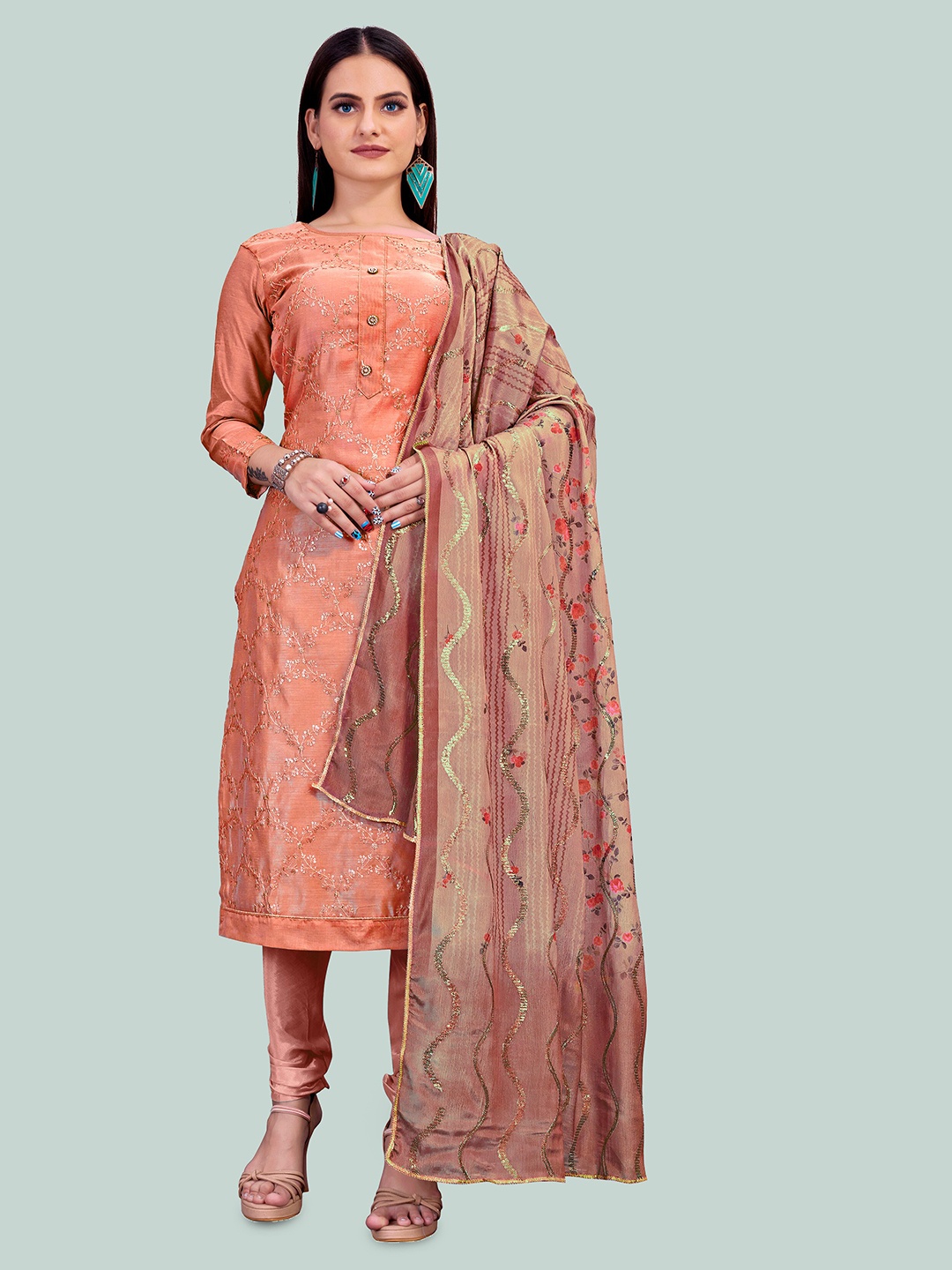 

MANVAA Embroidered Gotta Patti Chanderi Cotton Unstitched Dress Material, Peach