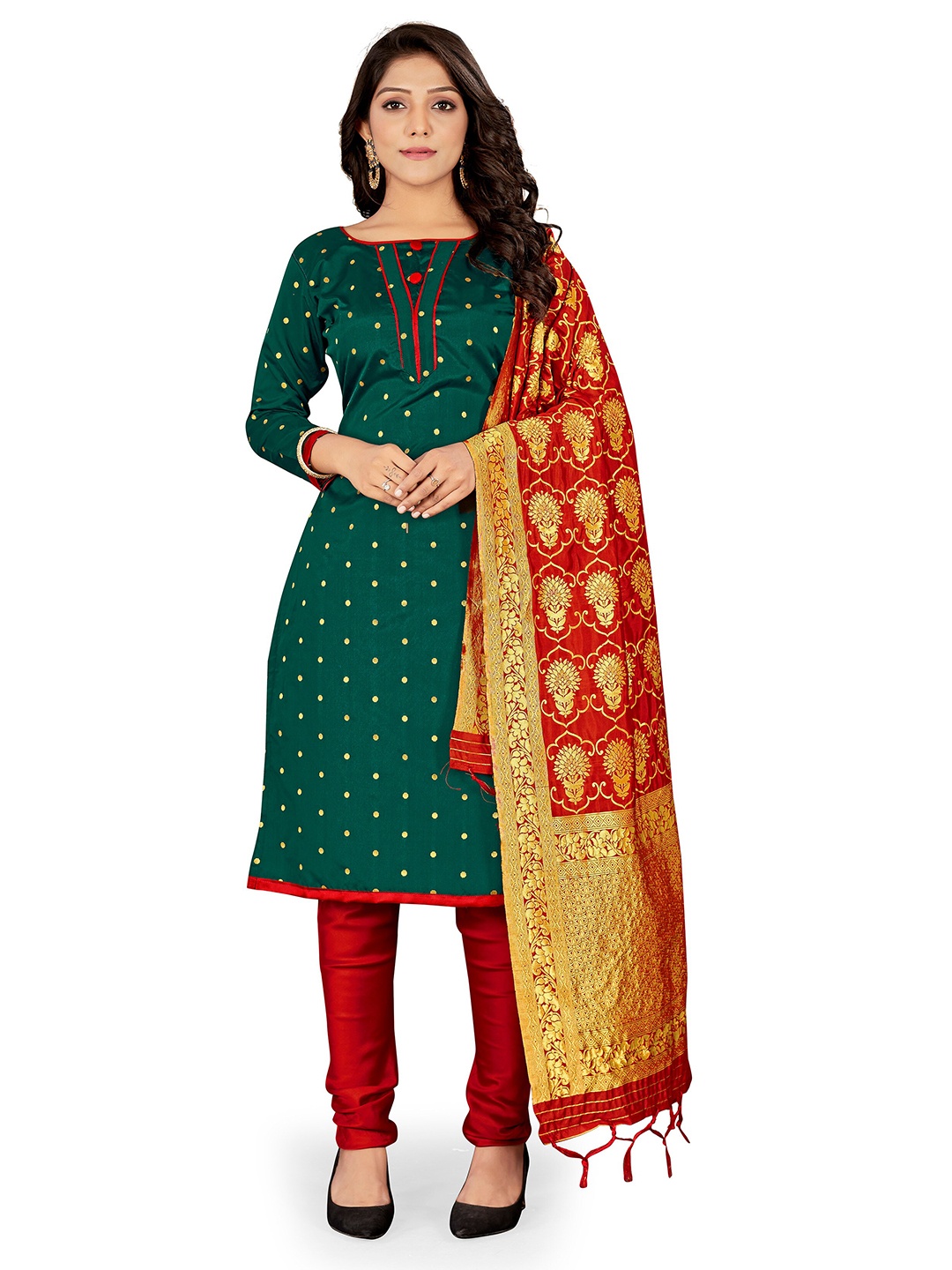 

MANVAA Polka Dots Woven Design Zari Unstitched Dress Material, Green
