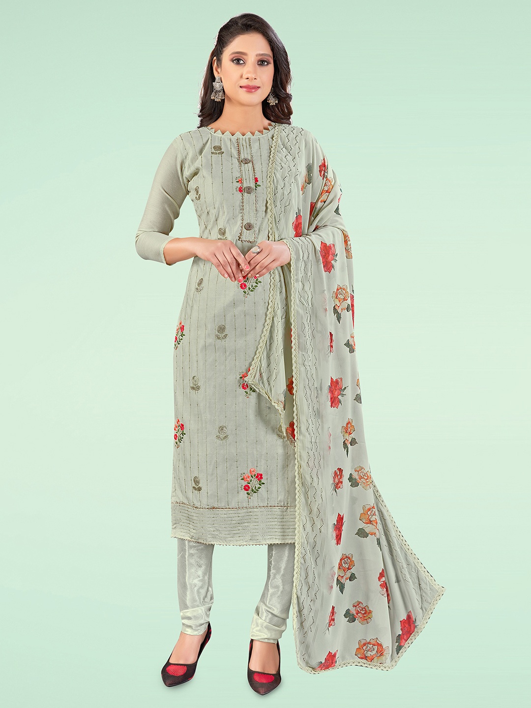 

MANVAA Floral Printed Gotta Patti Unstitched Dress Material, Grey