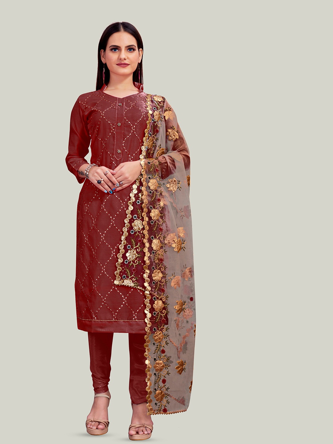 

MANVAA Geometric Embroidered Unstitched Dress Material, Maroon