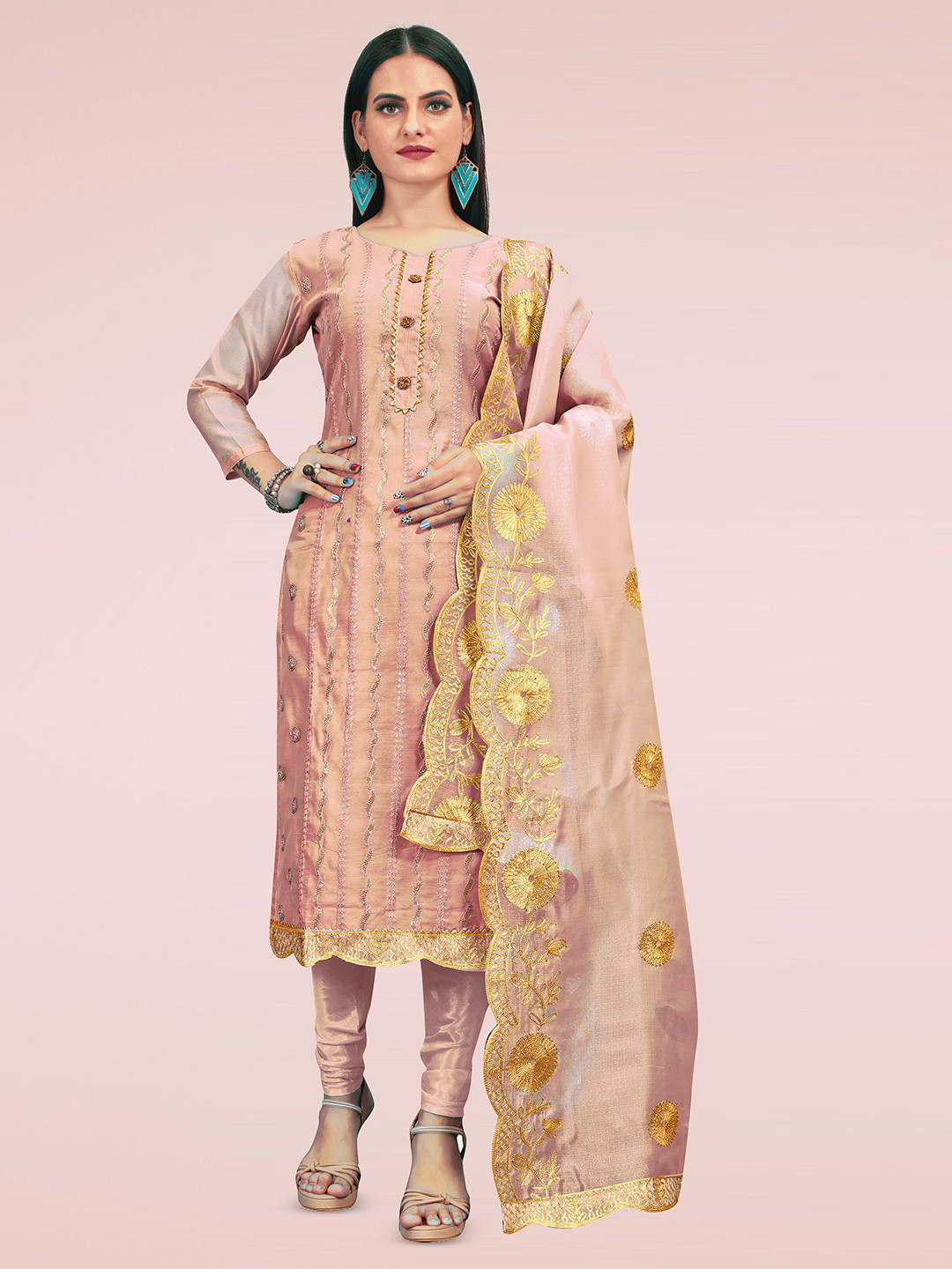 

MANVAA Embroidered Gotta Patti Chanderi Cotton Unstitched Dress Material, Peach