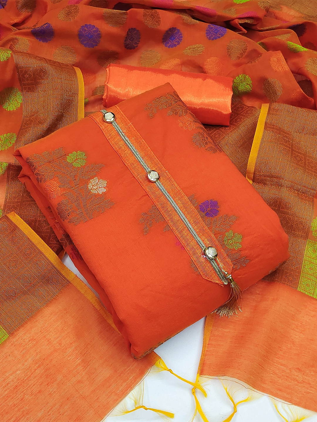 

MANVAA Floral Woven Design Banarasi Jacquard Unstitched Dress Material, Peach